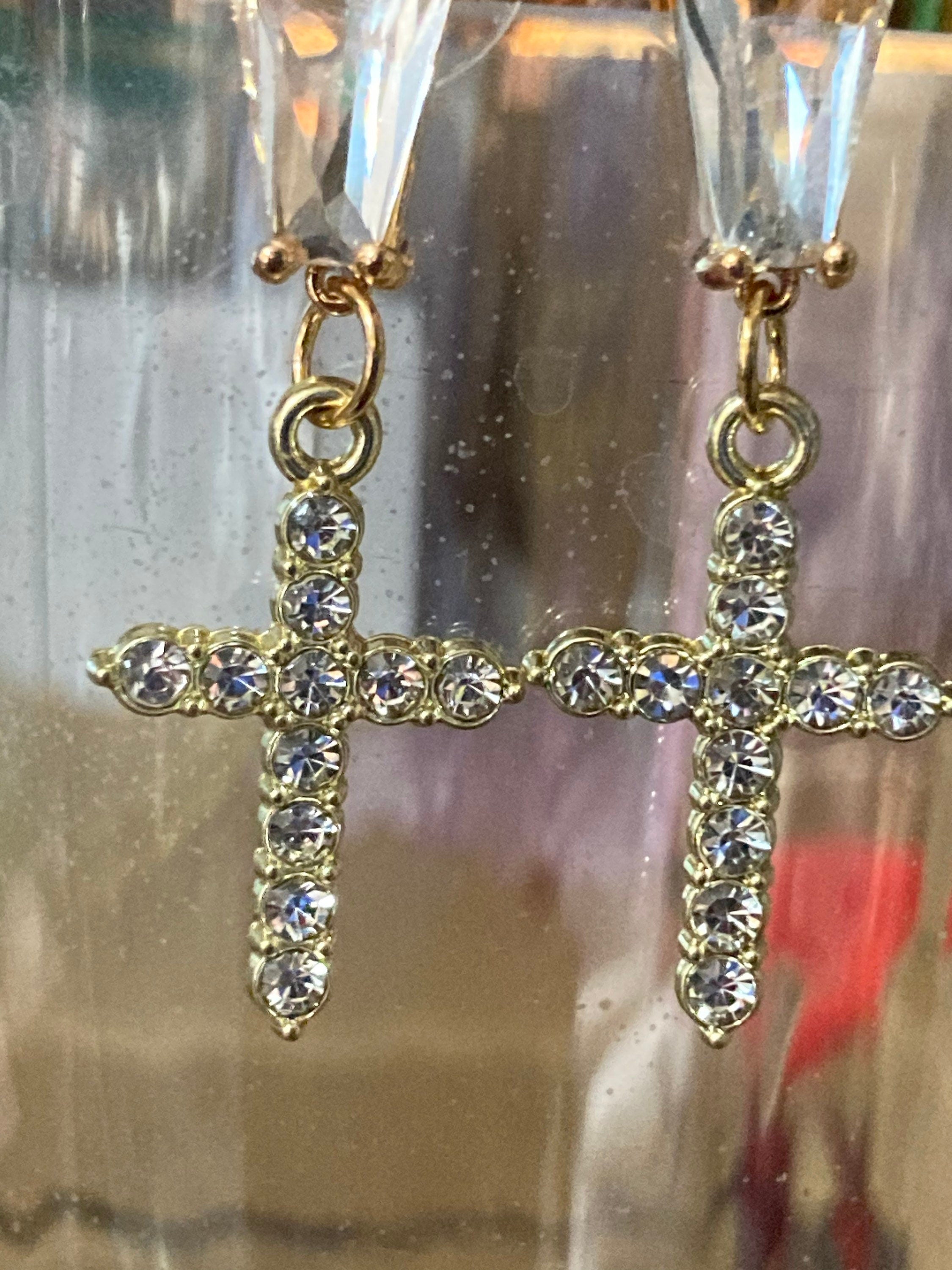 18k gold plated clear diamanté crystal religious cross earrings