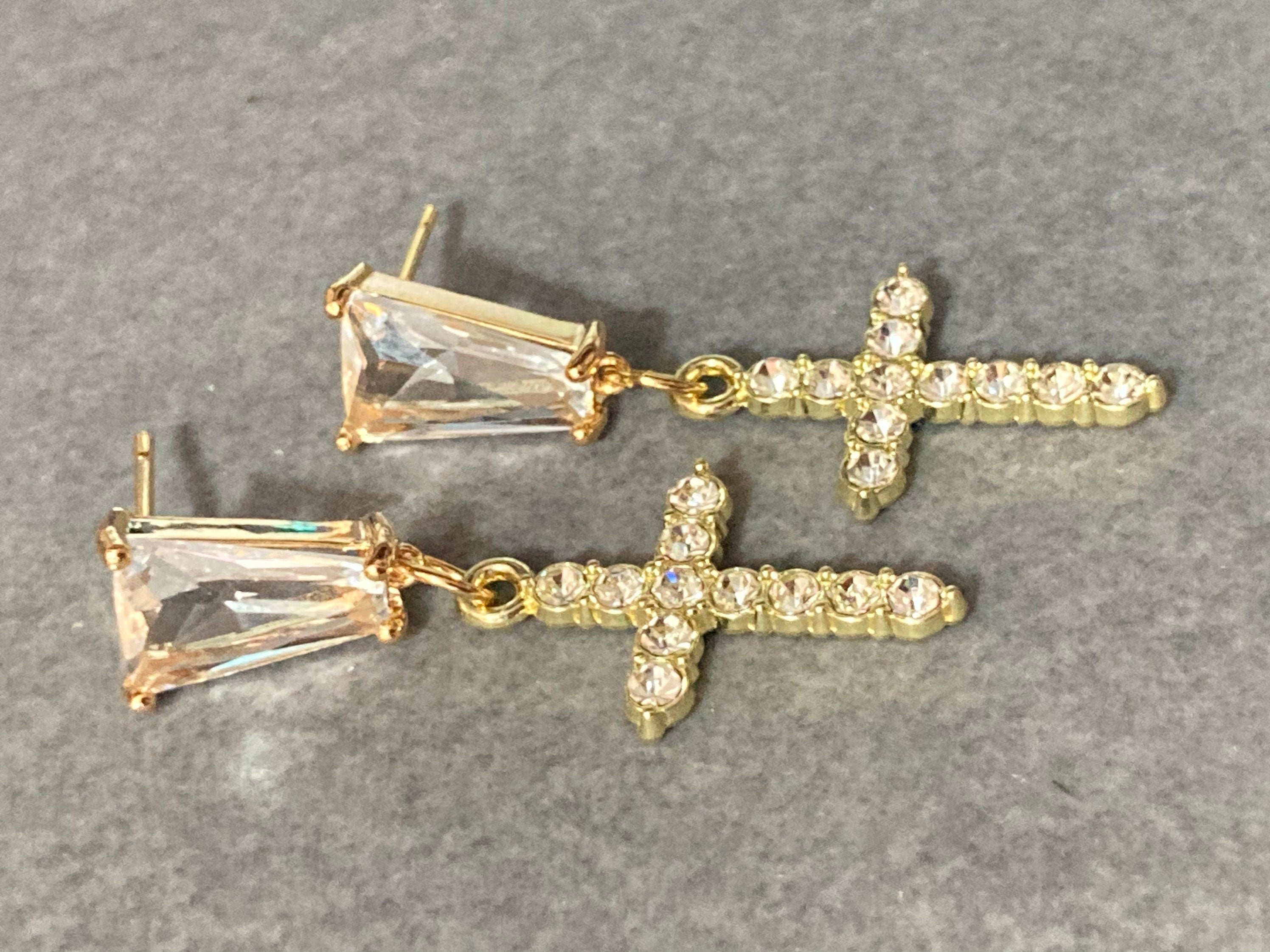 18k gold plated clear diamanté crystal religious cross earrings