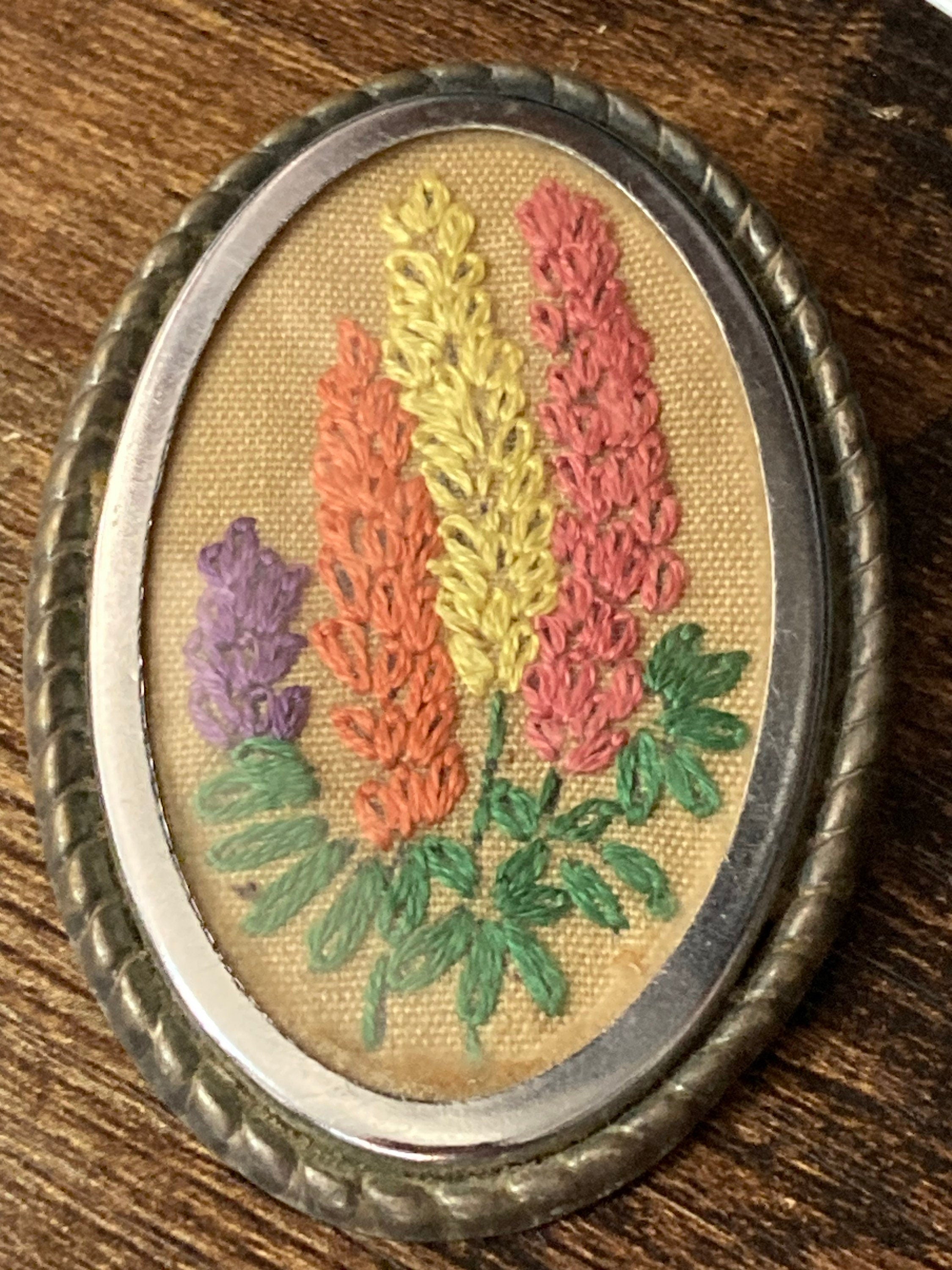 Tapestry embroidery brooch Floral Gold tone pink blue yellow spring flowers