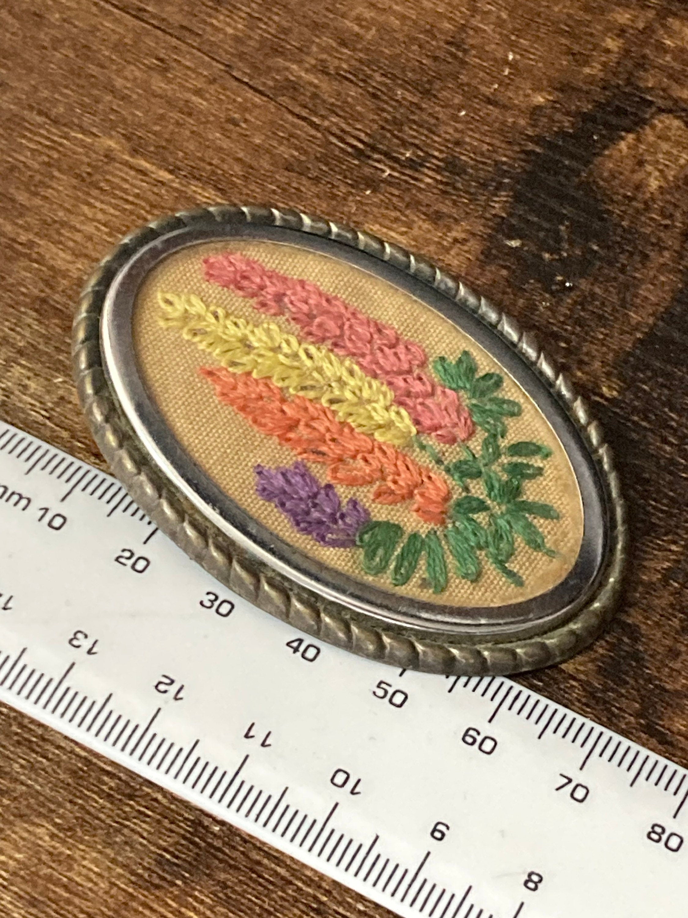 Tapestry embroidery brooch Floral Gold tone pink blue yellow spring flowers