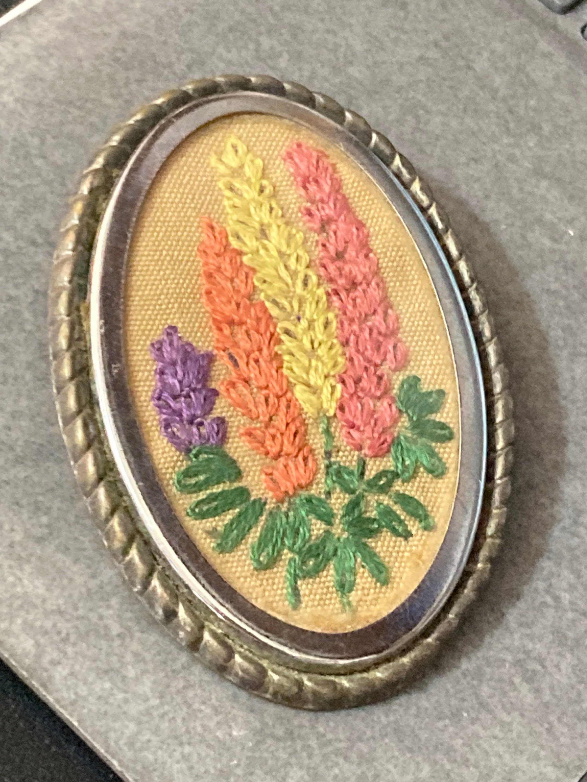 Tapestry embroidery brooch Floral Gold tone pink blue yellow spring flowers