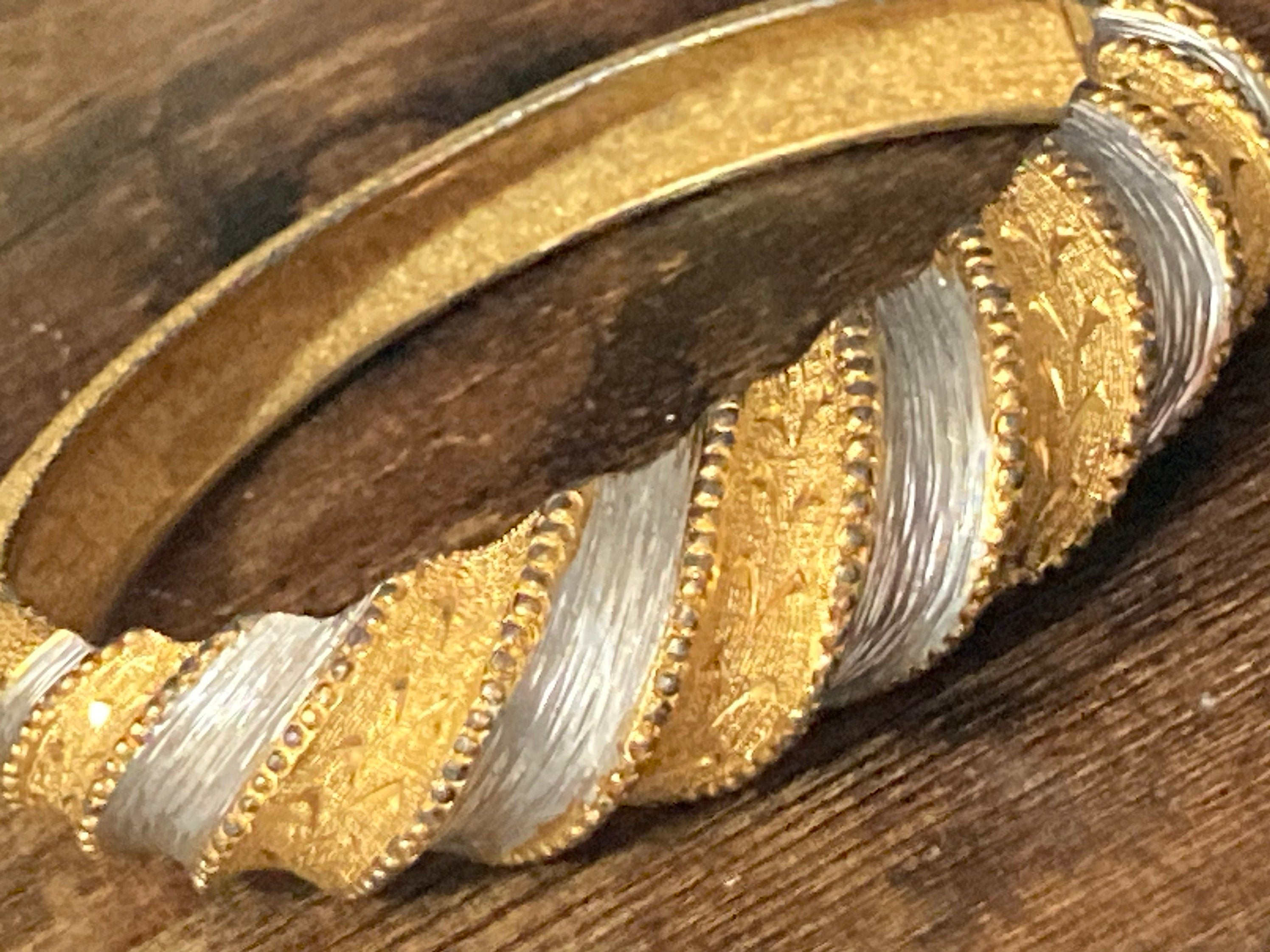 gold and silver tone etched clamper bangle bracelet