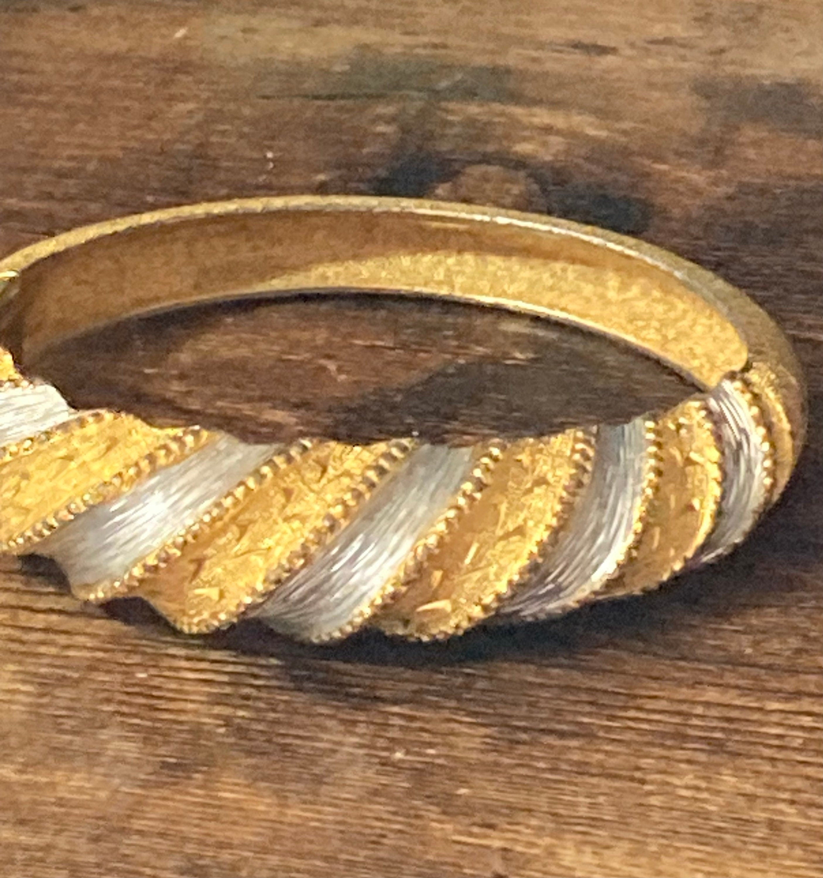 gold and silver tone etched clamper bangle bracelet