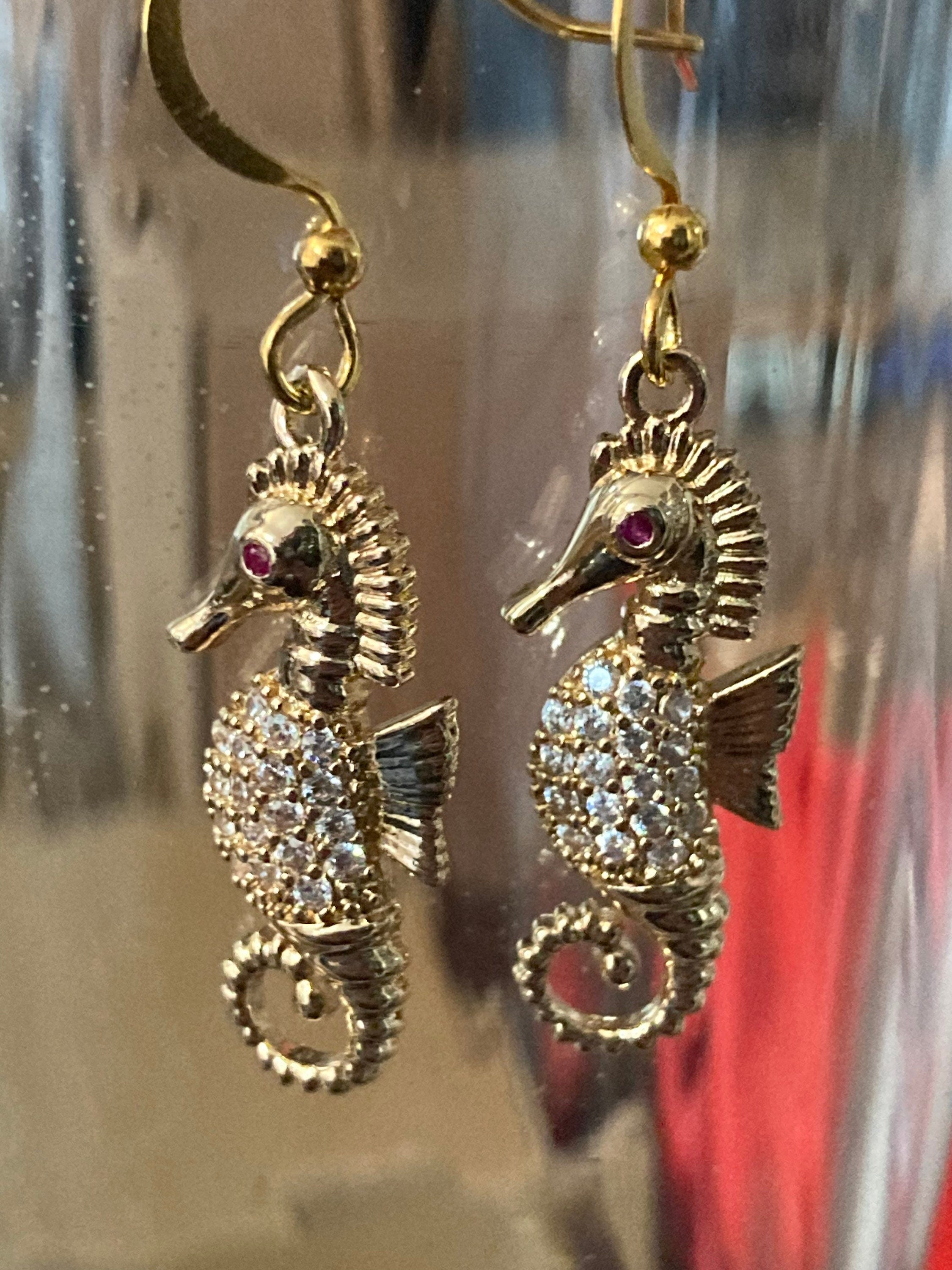 Diamanté seahorse earrings 18k Gold plated crystal pierced