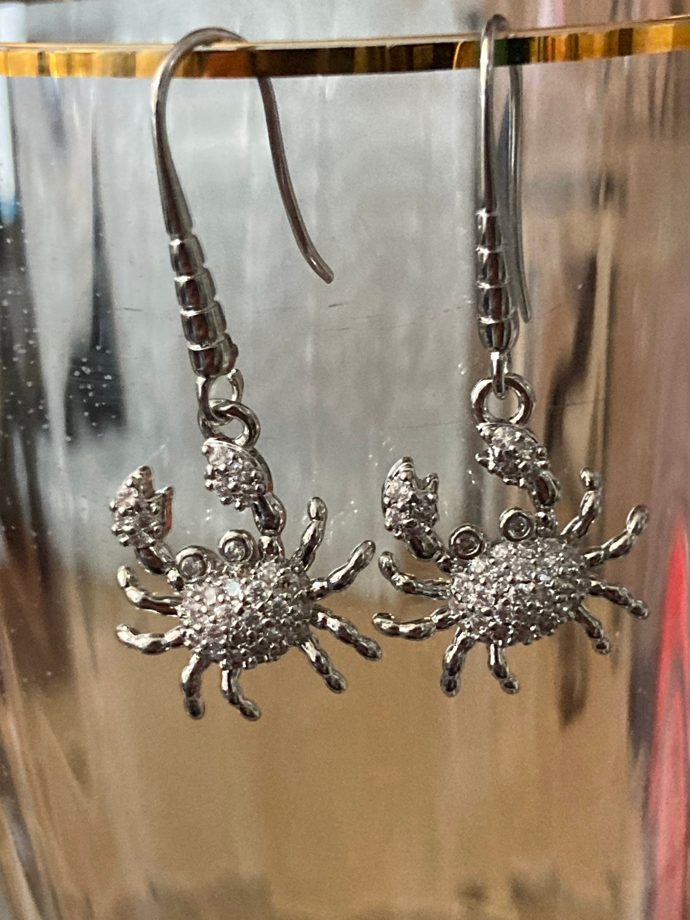 Diamanté crab earrings silver plated crystal rhinestone pierced
