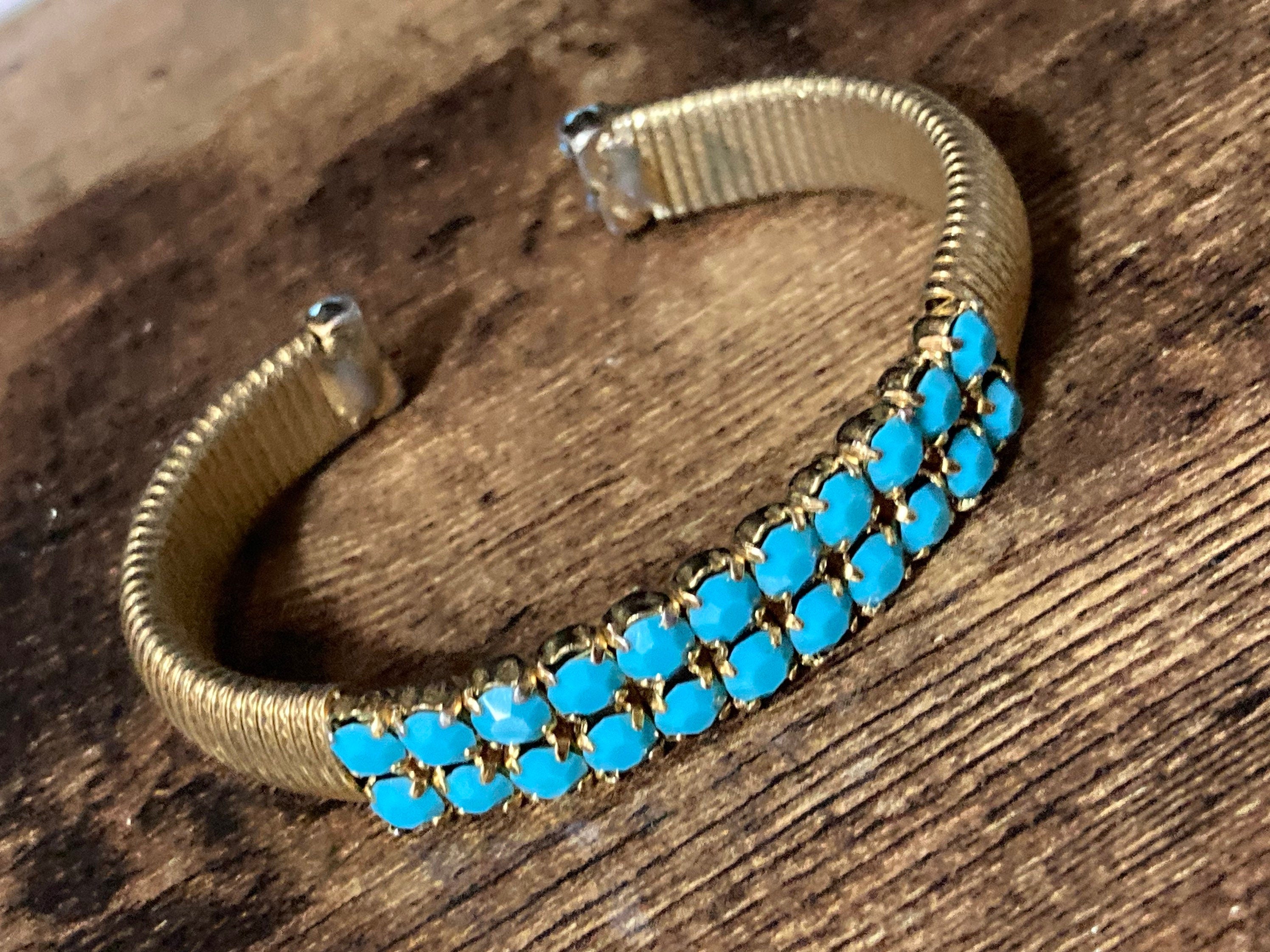 Vintage open ended adjustable fixed flat link gold tone cuff bracelet turquoise paste