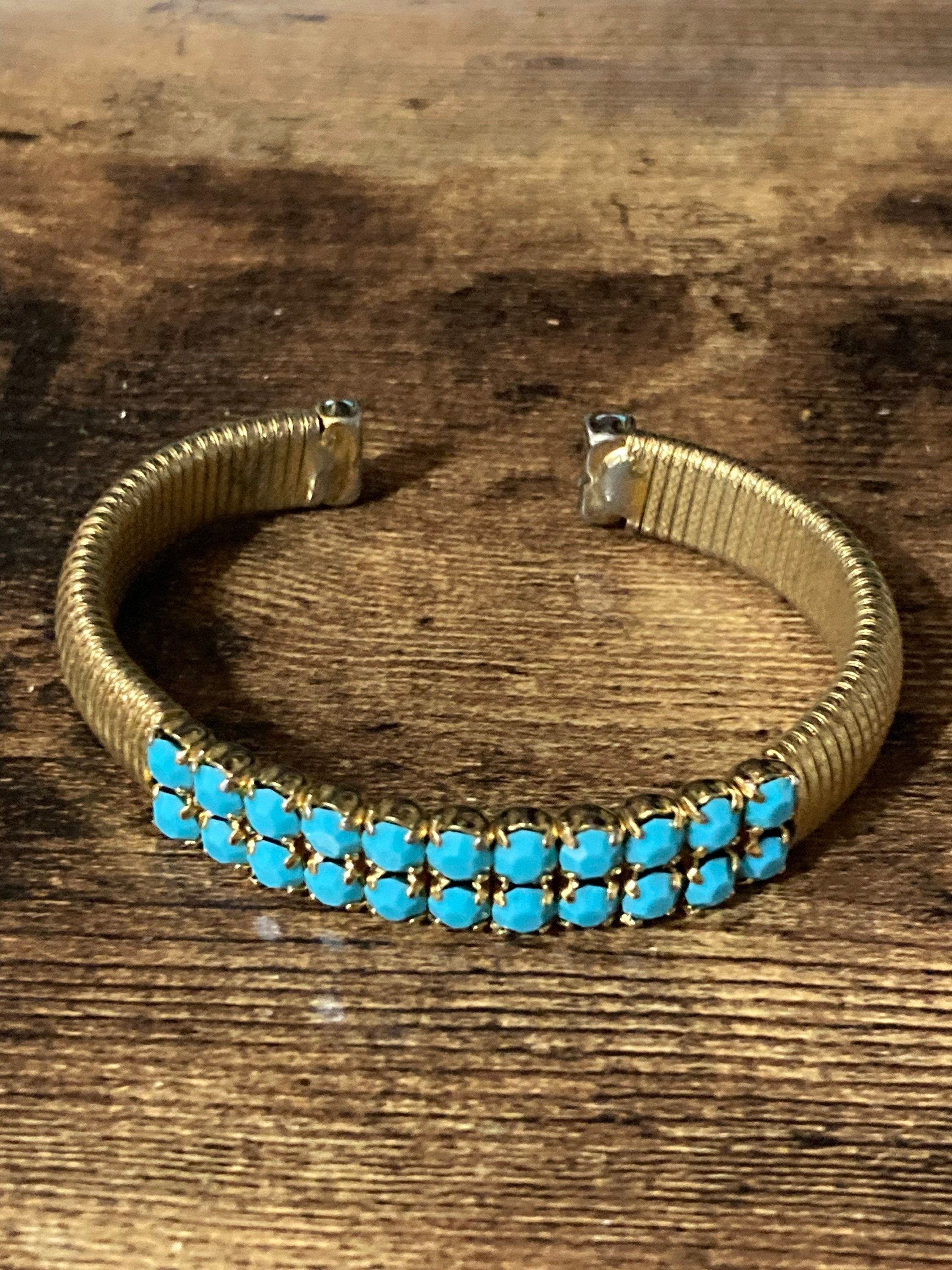 Vintage open ended adjustable fixed flat link gold tone cuff bracelet turquoise paste
