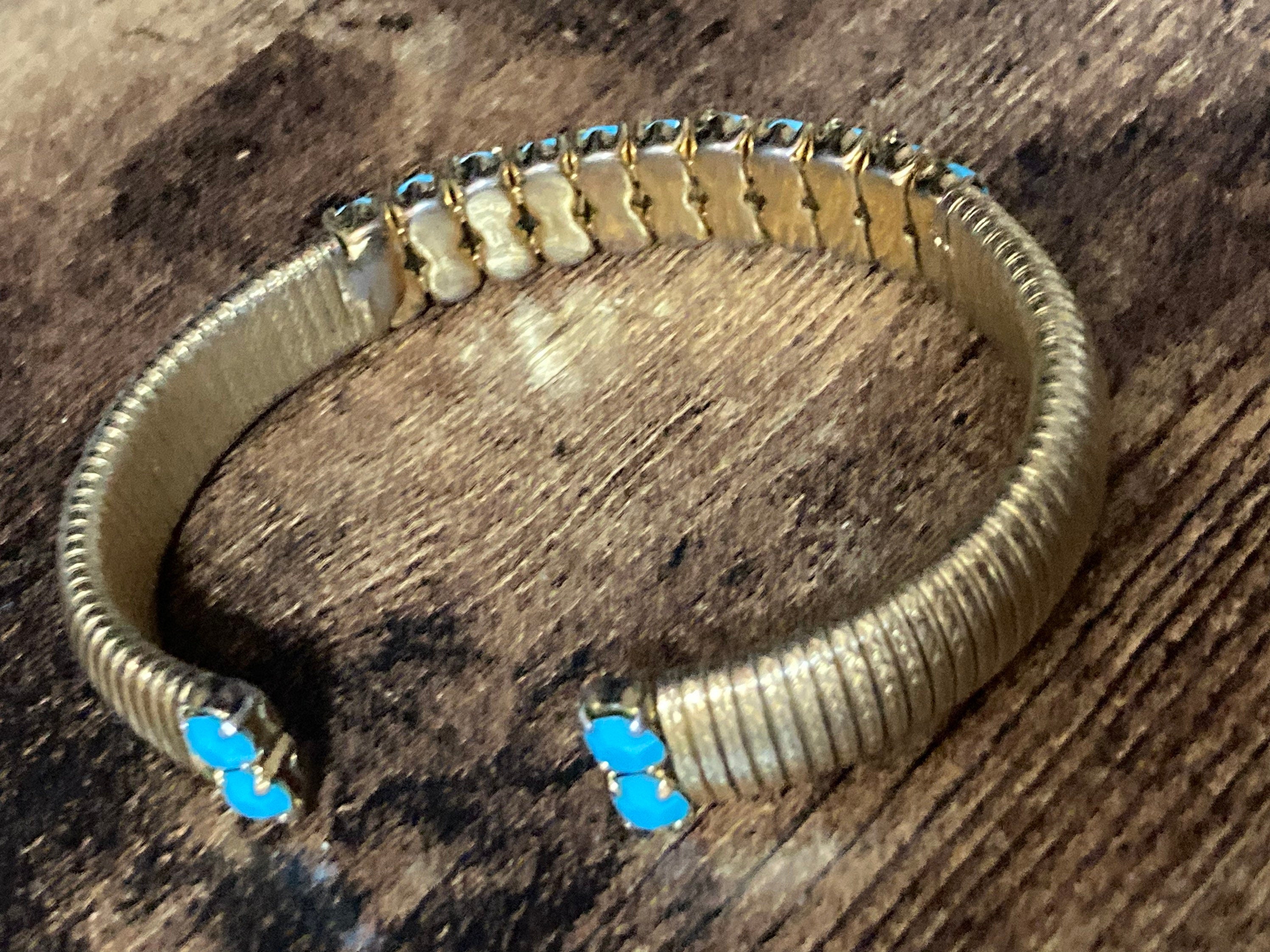Vintage open ended adjustable fixed flat link gold tone cuff bracelet turquoise paste
