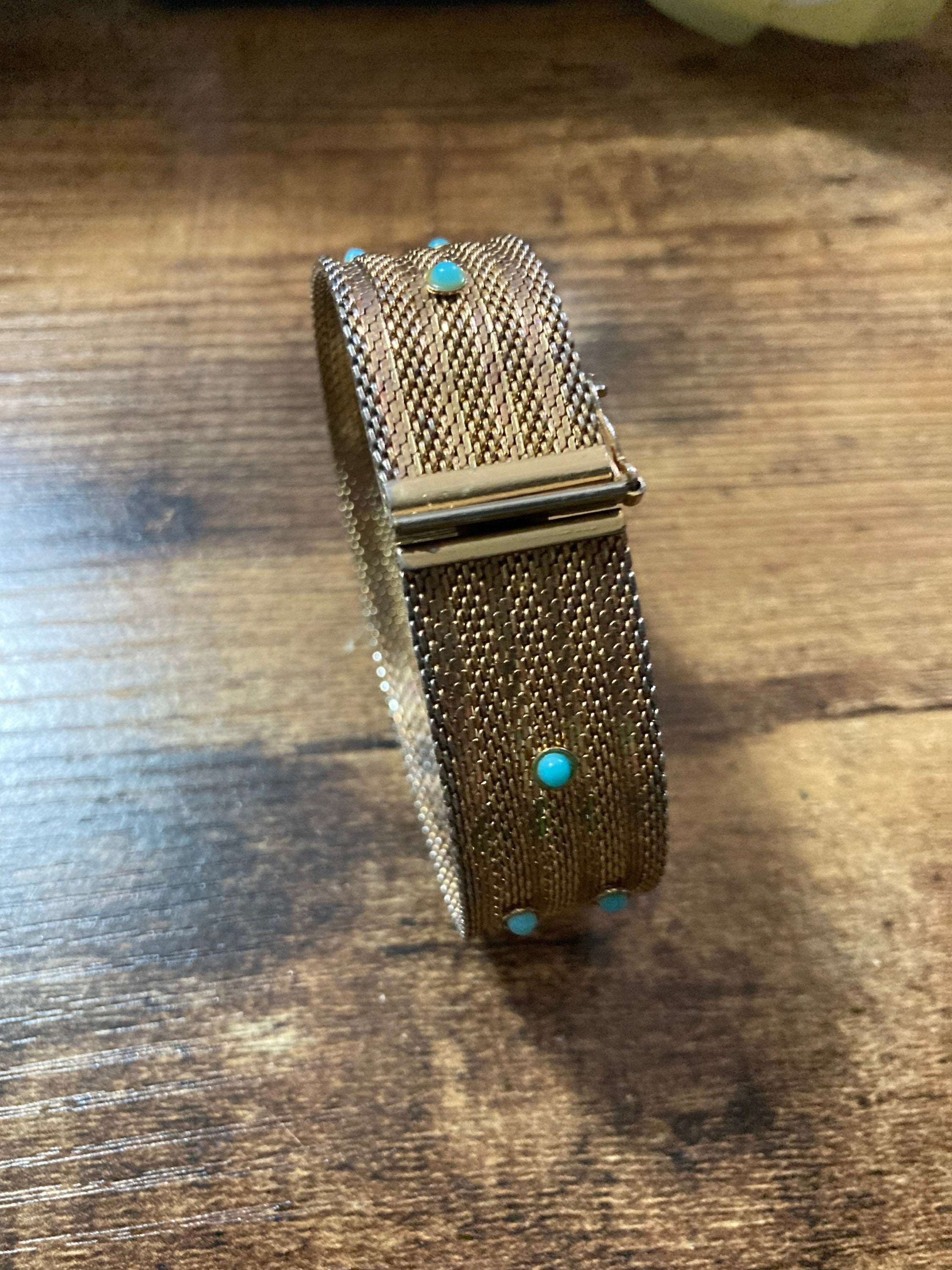 fine mesh gold tone bracelet with turquoise blue paste 18cm long