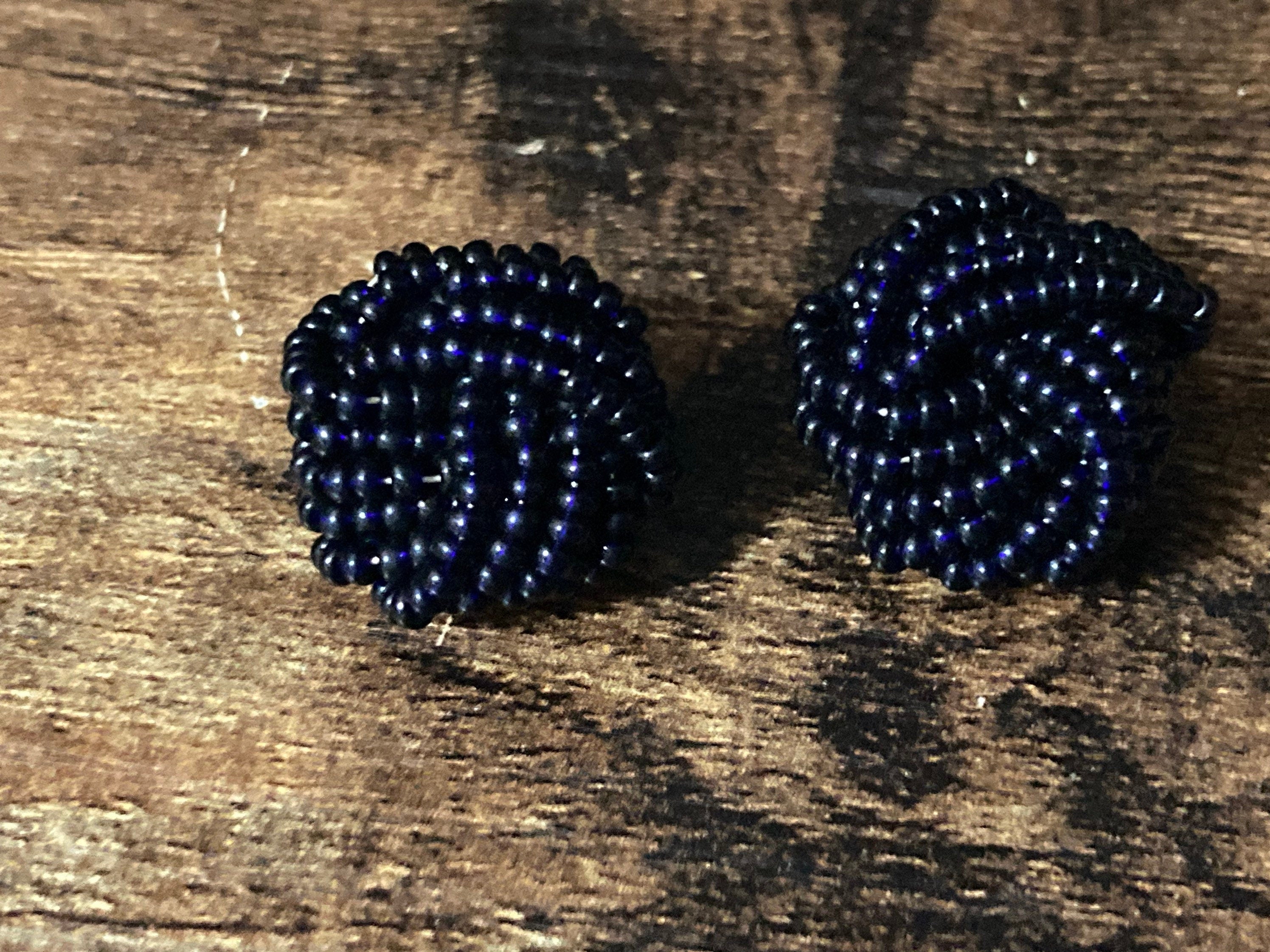 Black seed bead turban clip on earrings vintage