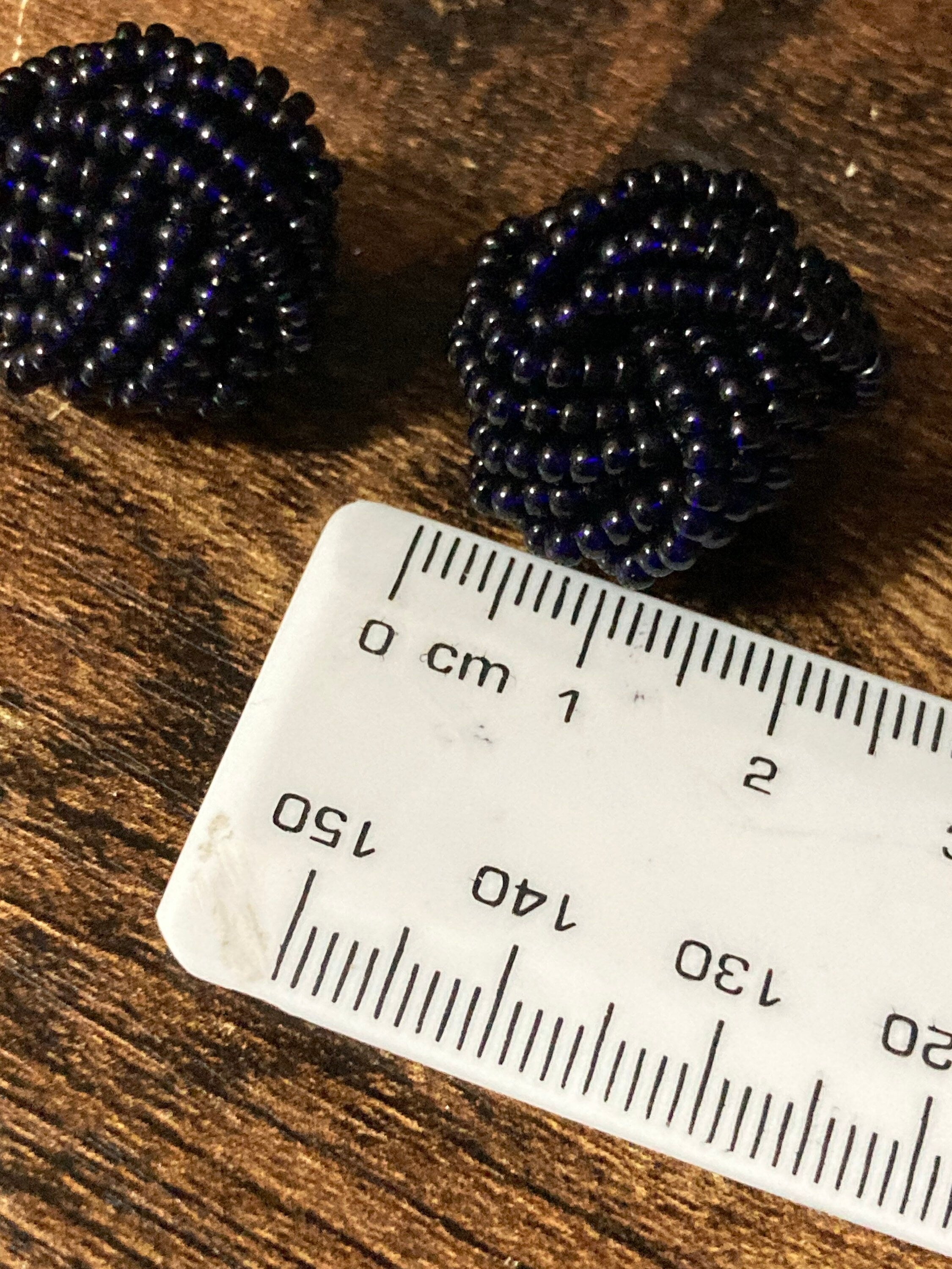 Black seed bead turban clip on earrings vintage