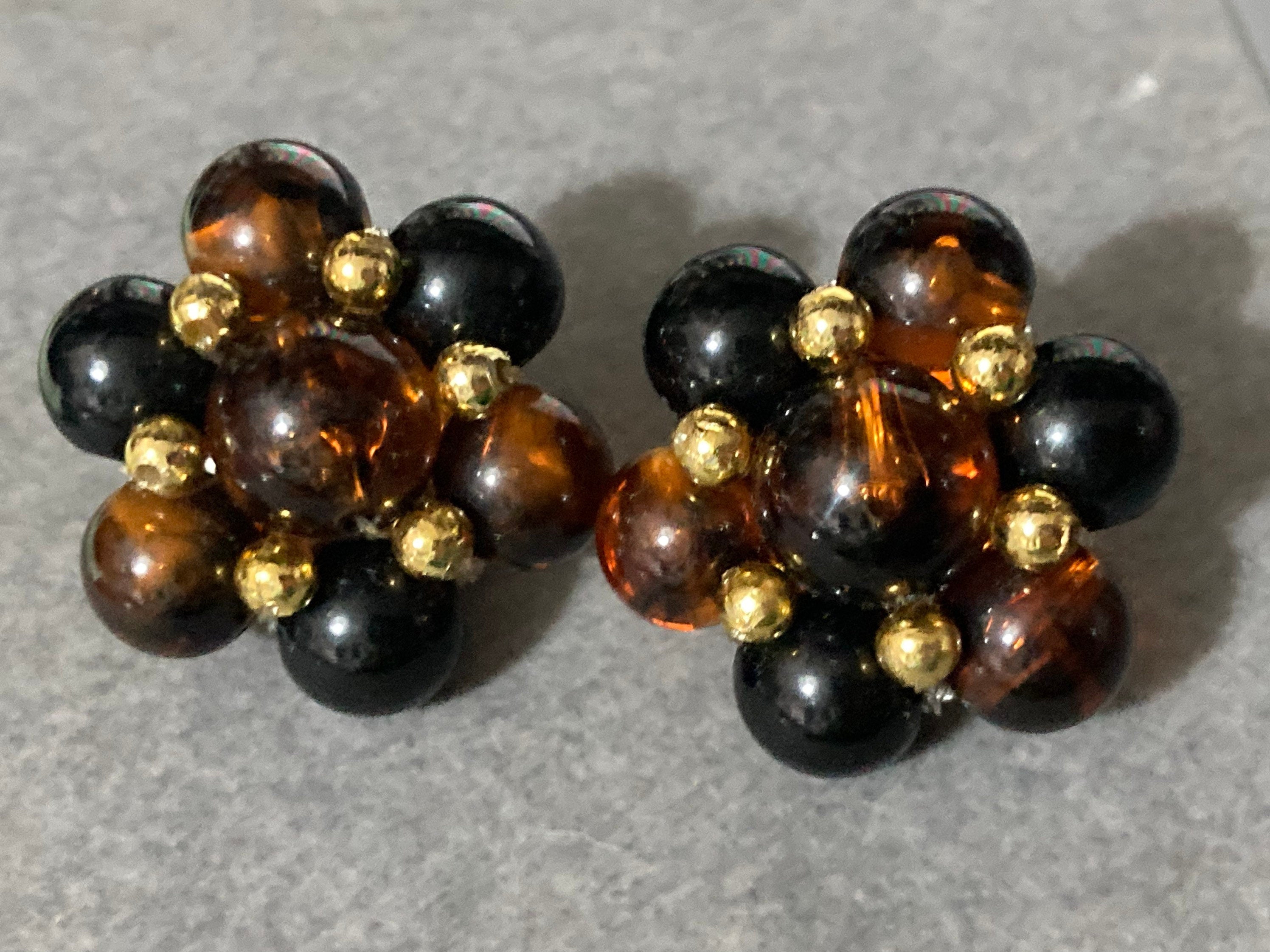 Oversized brown plastic beaded Cluster Clip On Earrings