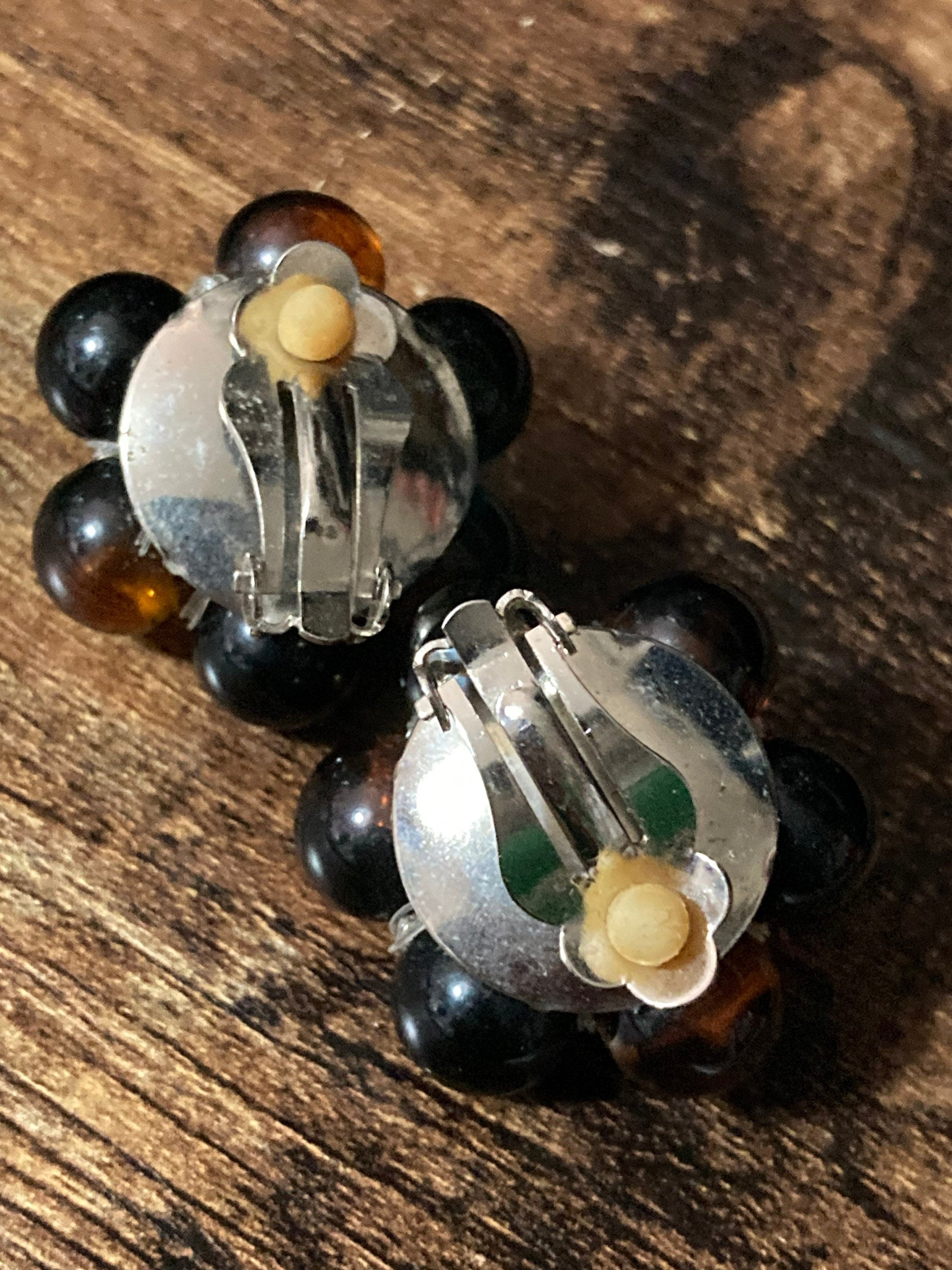 Oversized brown plastic beaded Cluster Clip On Earrings