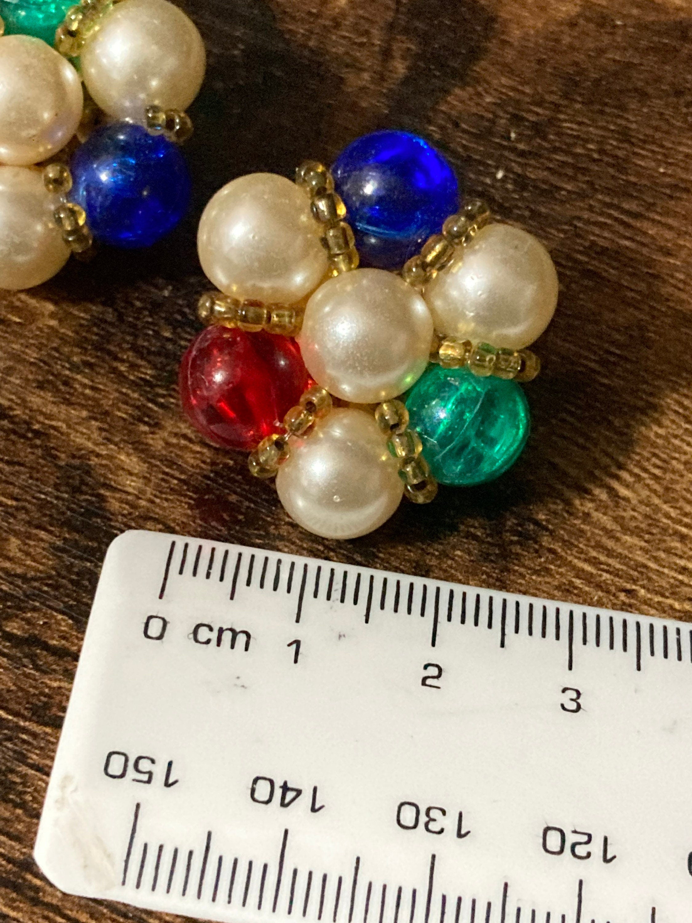 Red blue green plastic beaded Pearl Cluster Clip On Earrings