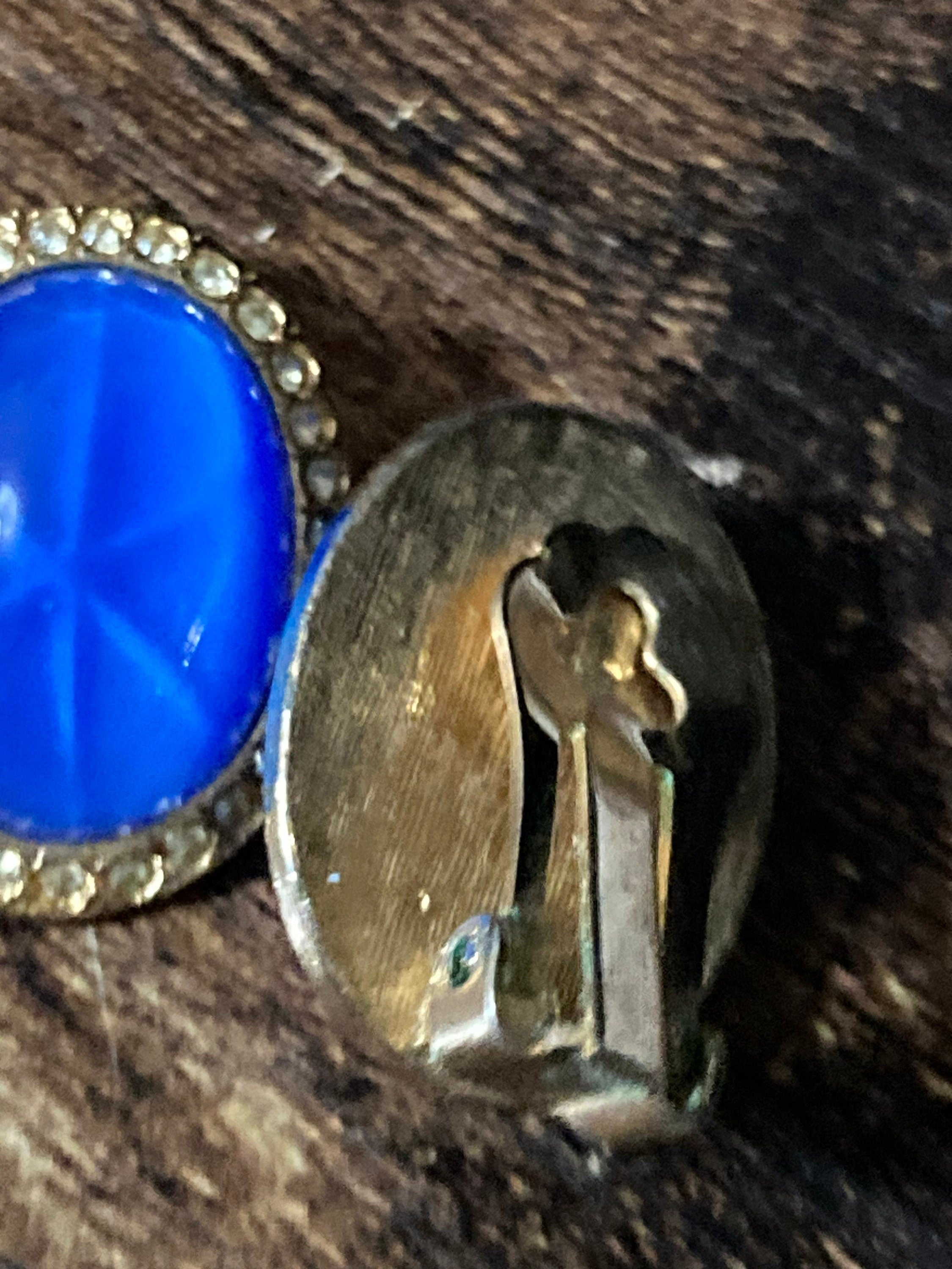 Clip On Earrings bright Sapphire blue oval glass cabochon and clear diamanté