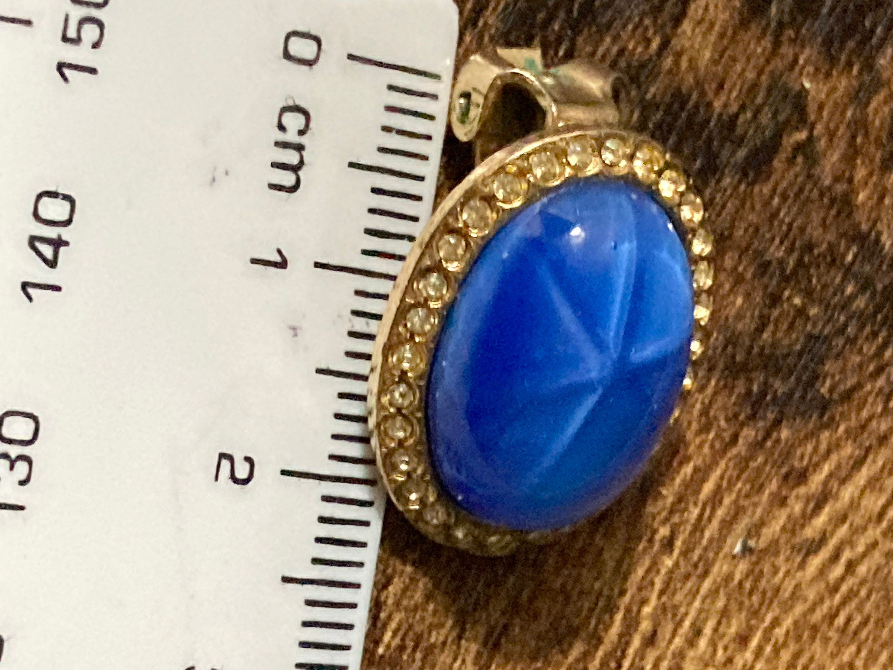 Clip On Earrings bright Sapphire blue oval glass cabochon and clear diamanté
