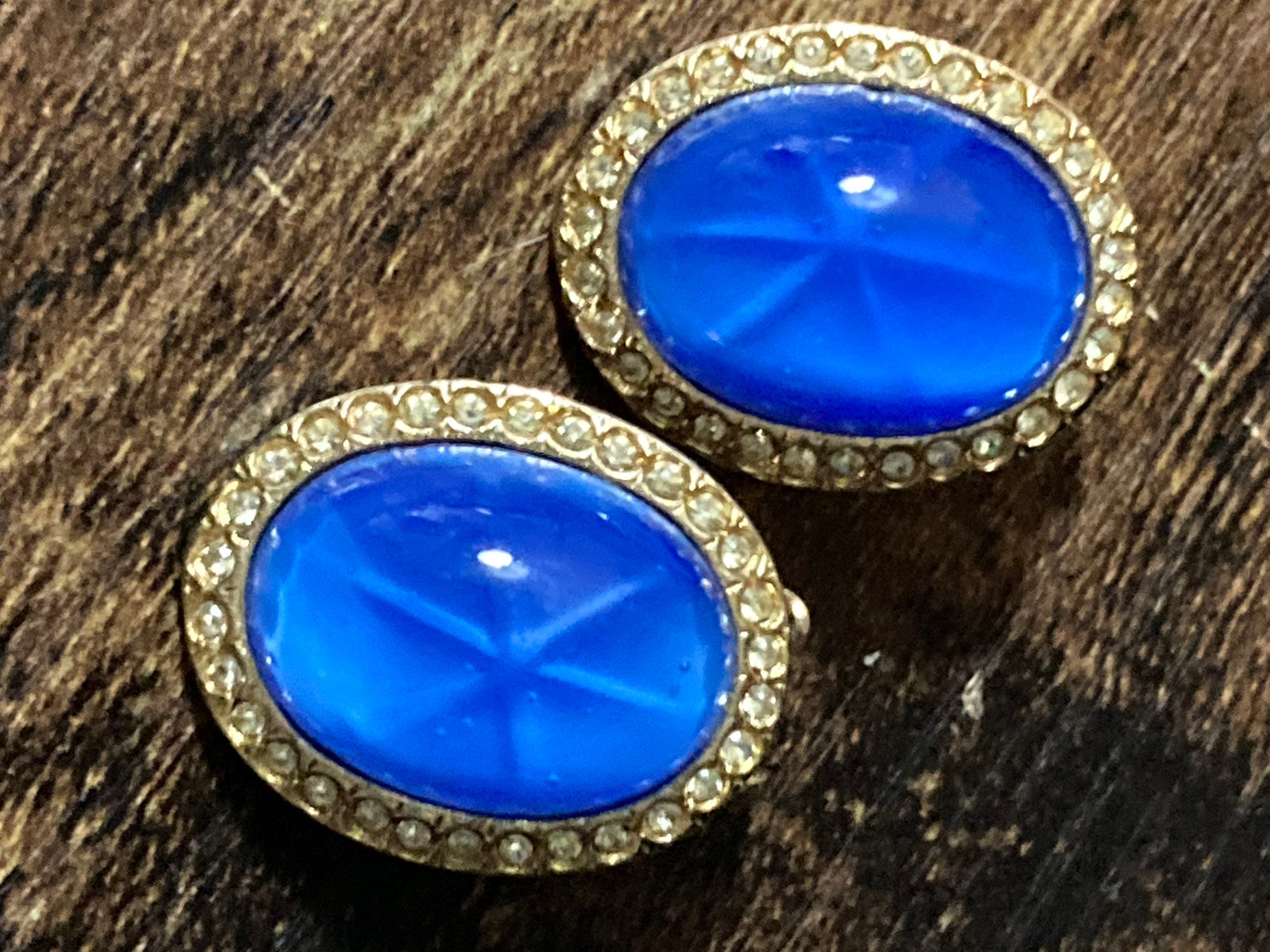 Clip On Earrings bright Sapphire blue oval glass cabochon and clear diamanté