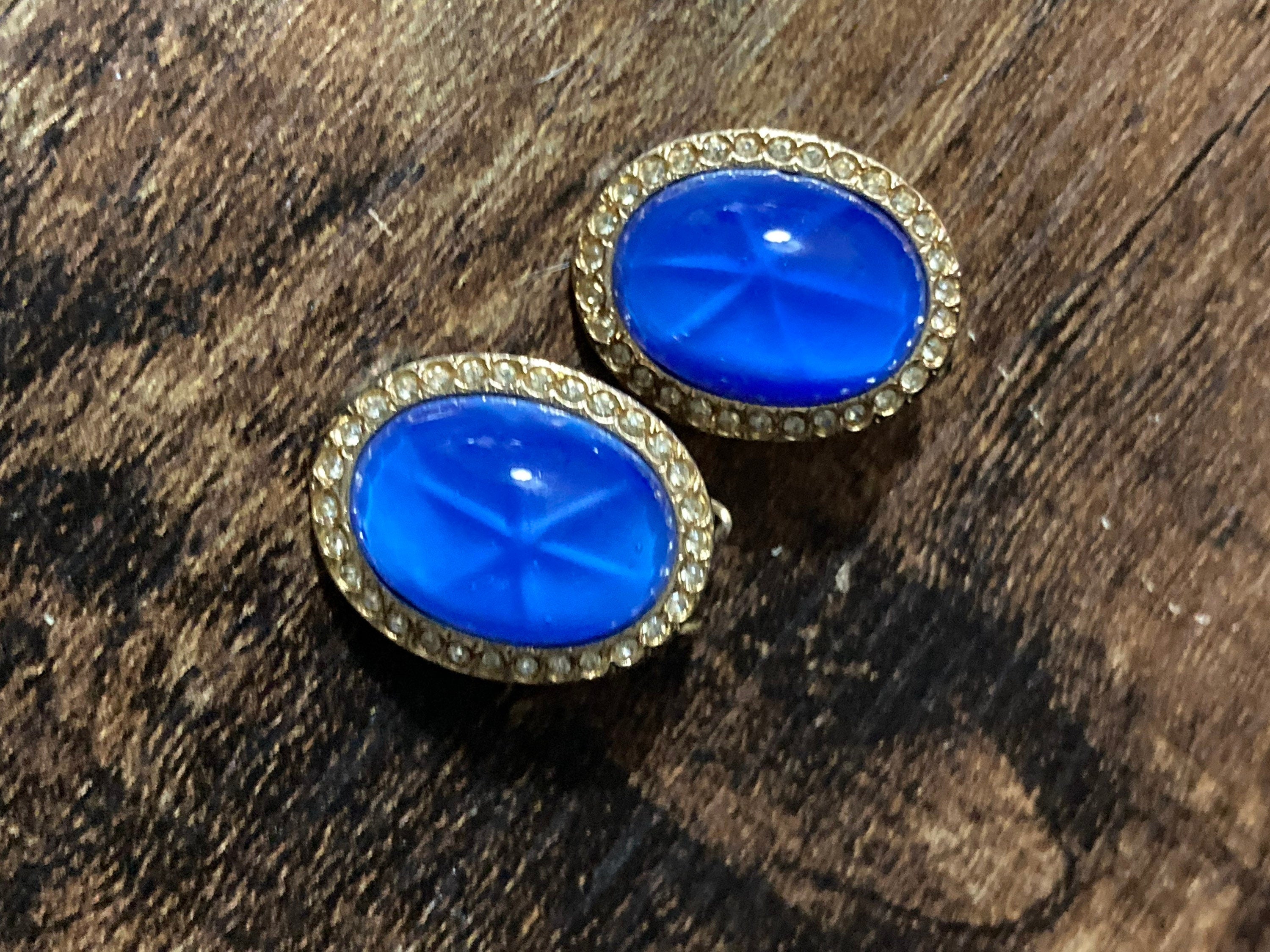 Clip On Earrings bright Sapphire blue oval glass cabochon and clear diamanté