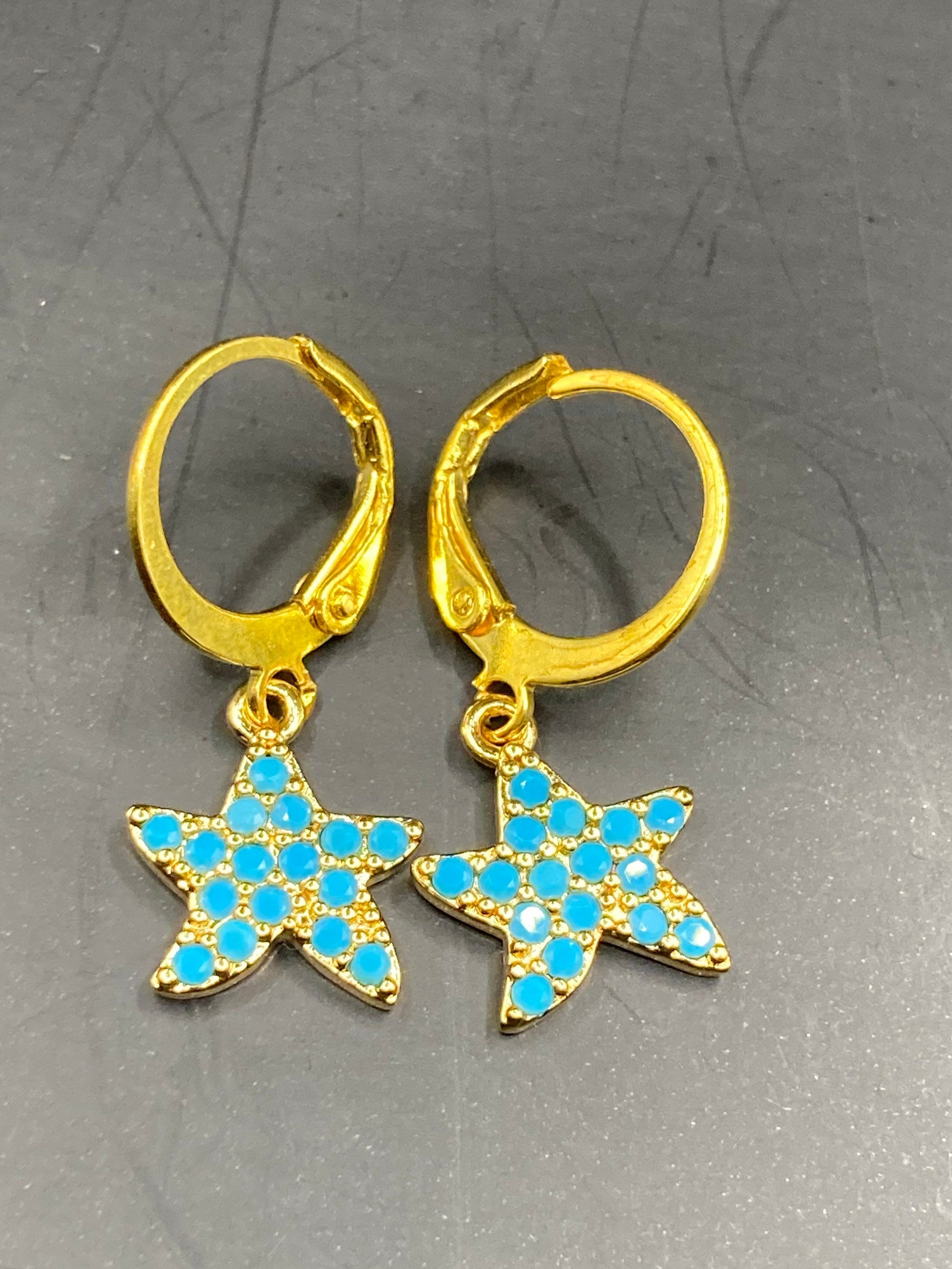 Turquoise micro diamanté starfish drop earrings 18k gold plated dangly