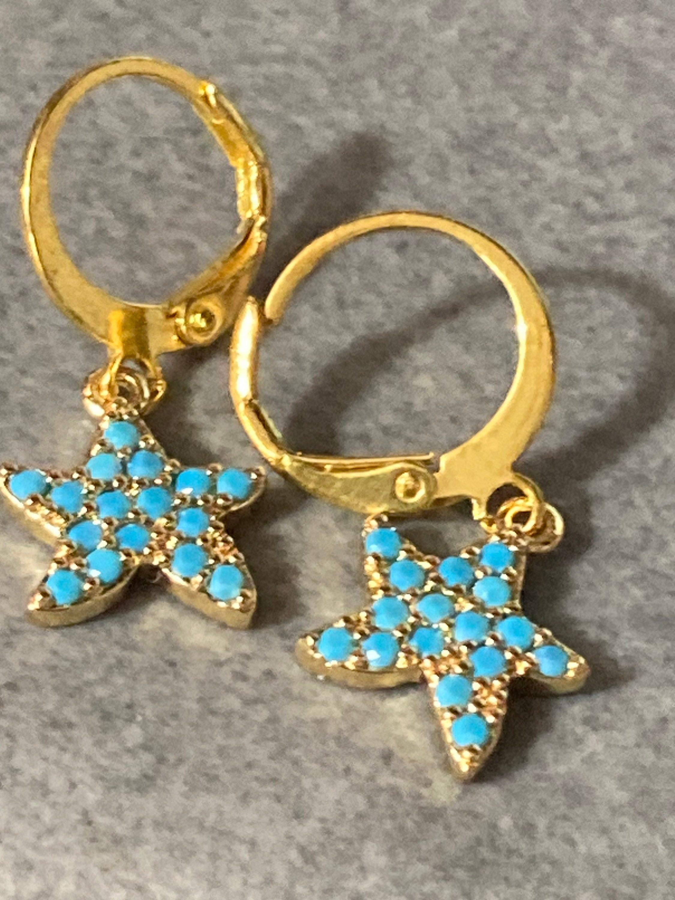 Turquoise micro diamanté starfish drop earrings 18k gold plated dangly