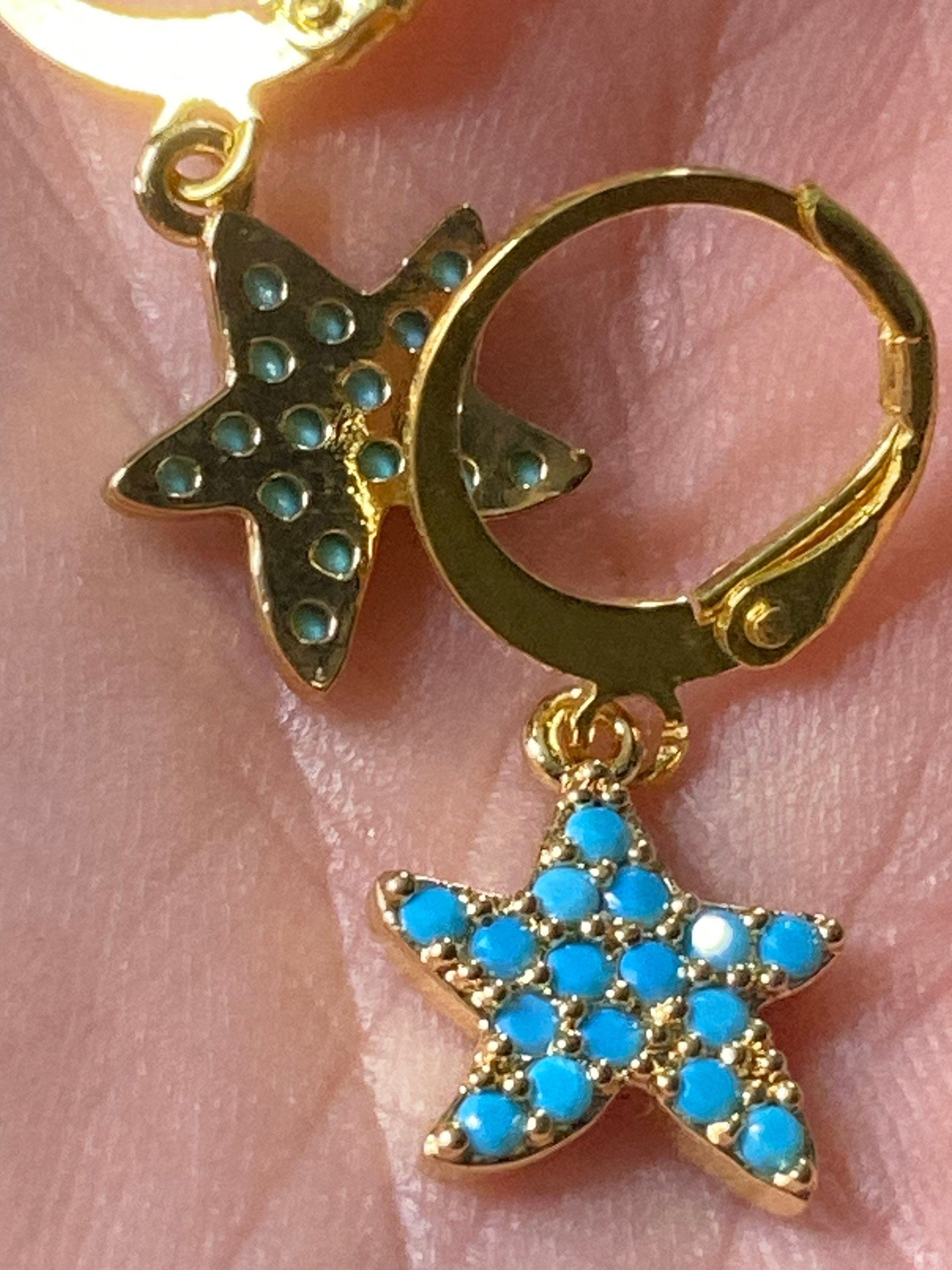 Turquoise micro diamanté starfish drop earrings 18k gold plated dangly