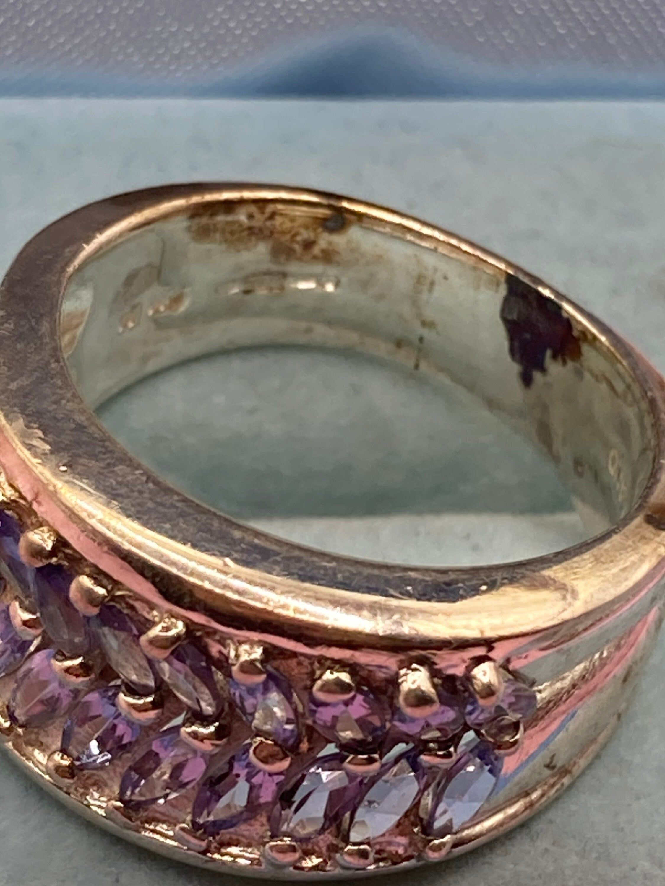 Purple amethyst gemstone wide dress ring UK size S 925 sterling silver