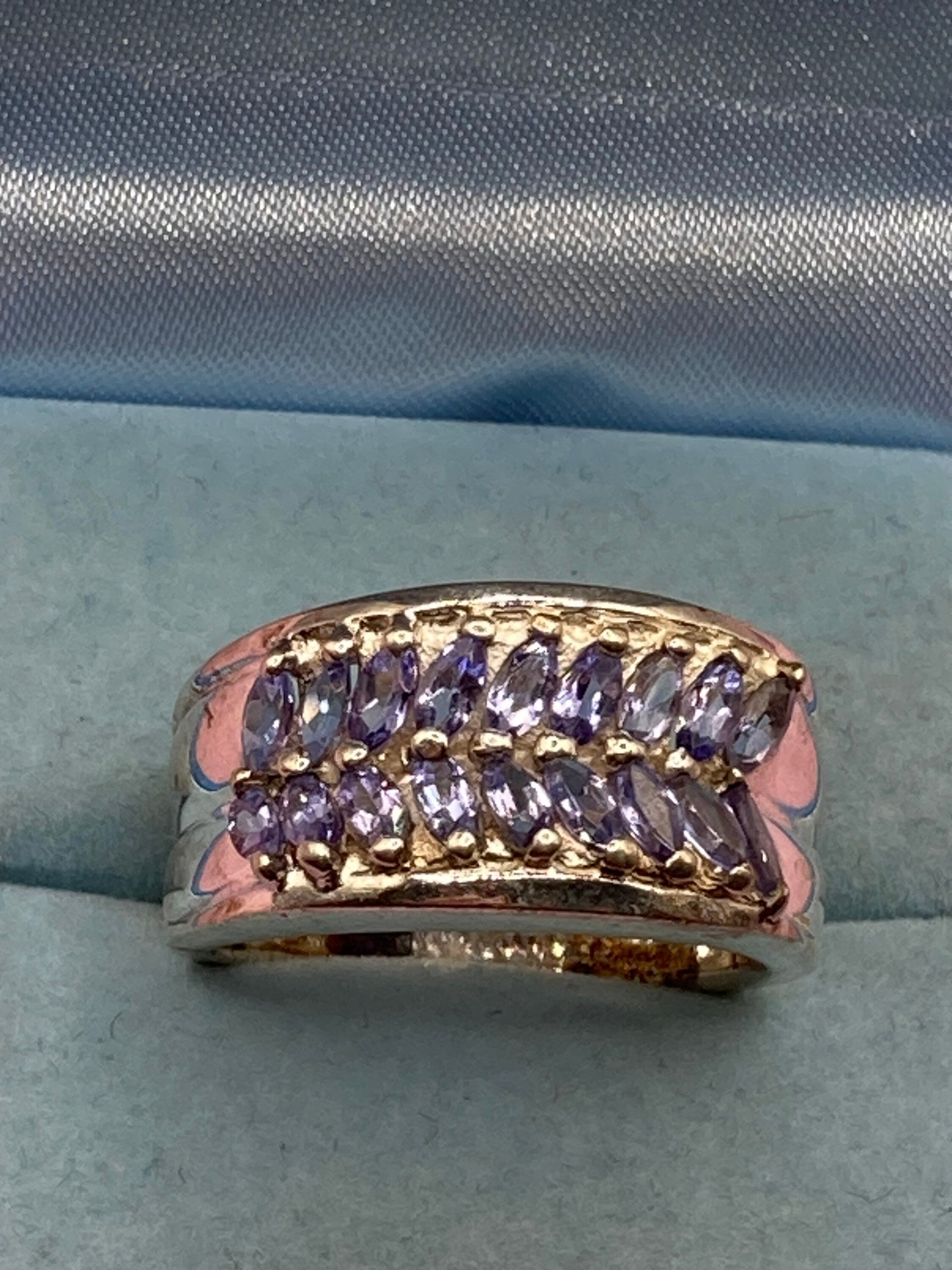 Purple amethyst gemstone wide dress ring UK size S 925 sterling silver