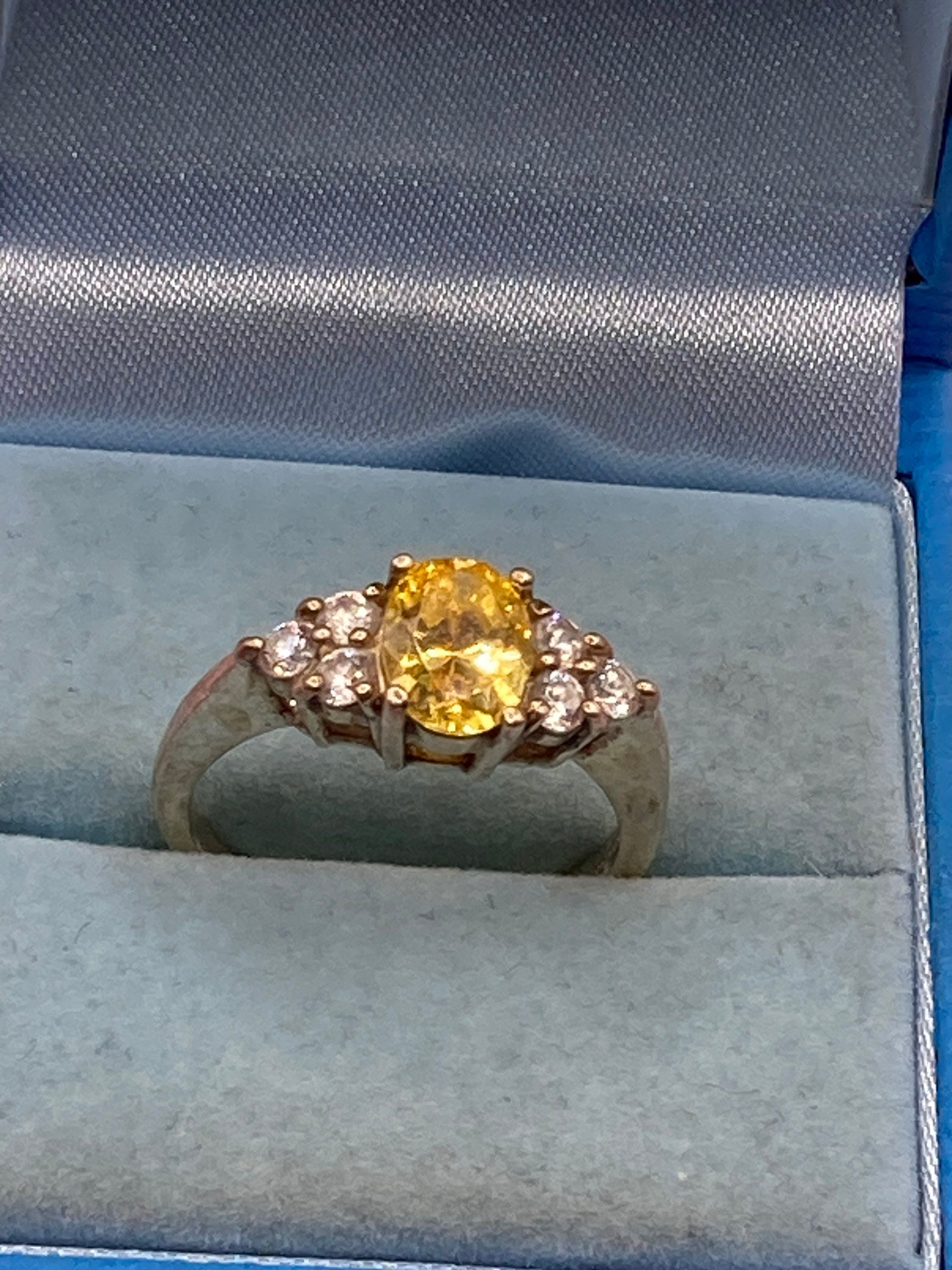 Cubic zirconia yellow gemstone dress ring UK size P 925 sterling silver