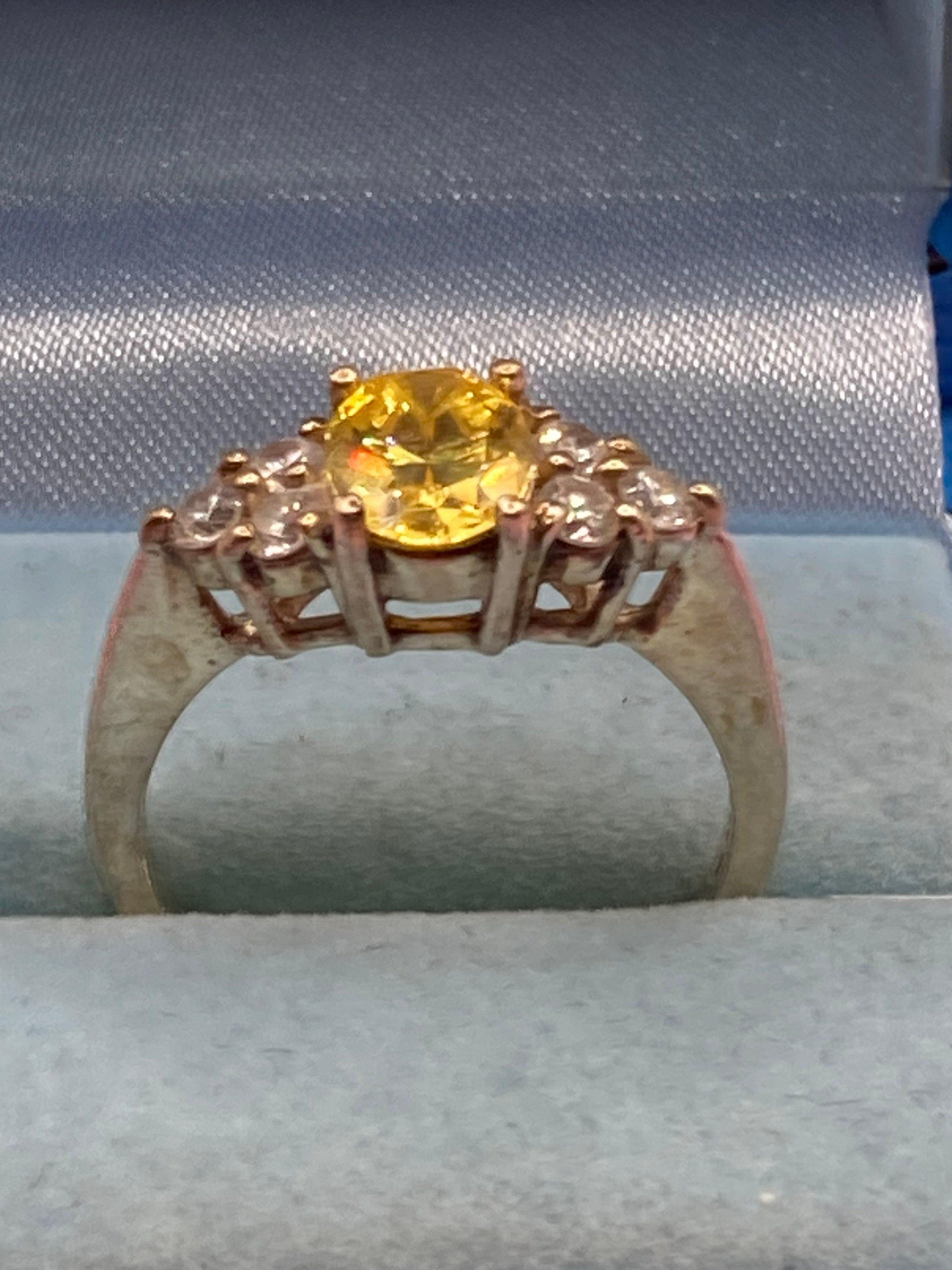 Cubic zirconia yellow gemstone dress ring UK size P 925 sterling silver