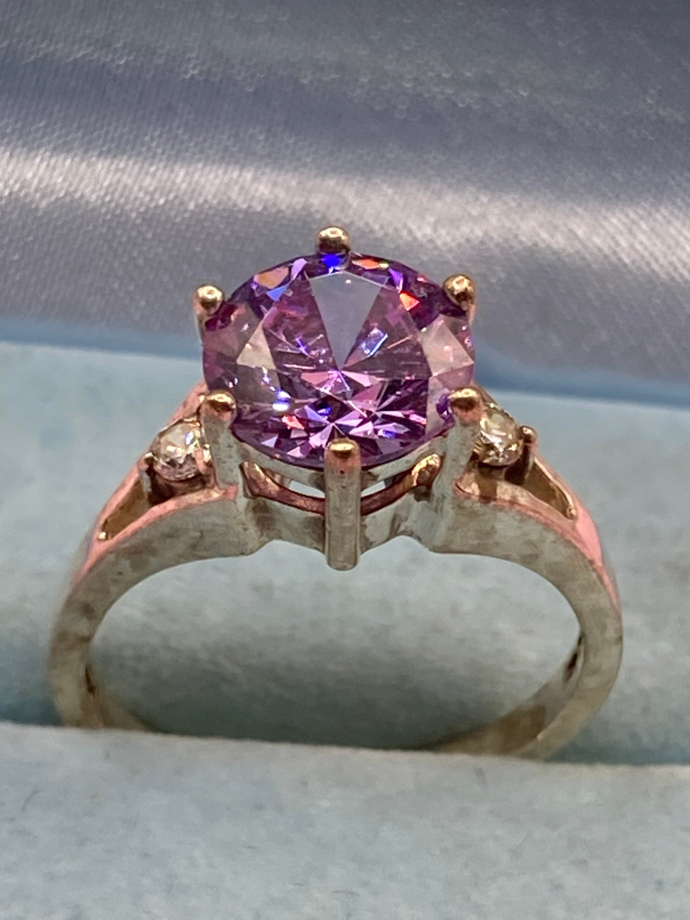 Amethyst purple Cubic zirconia gemstone dress ring UK size P 925 sterling silver