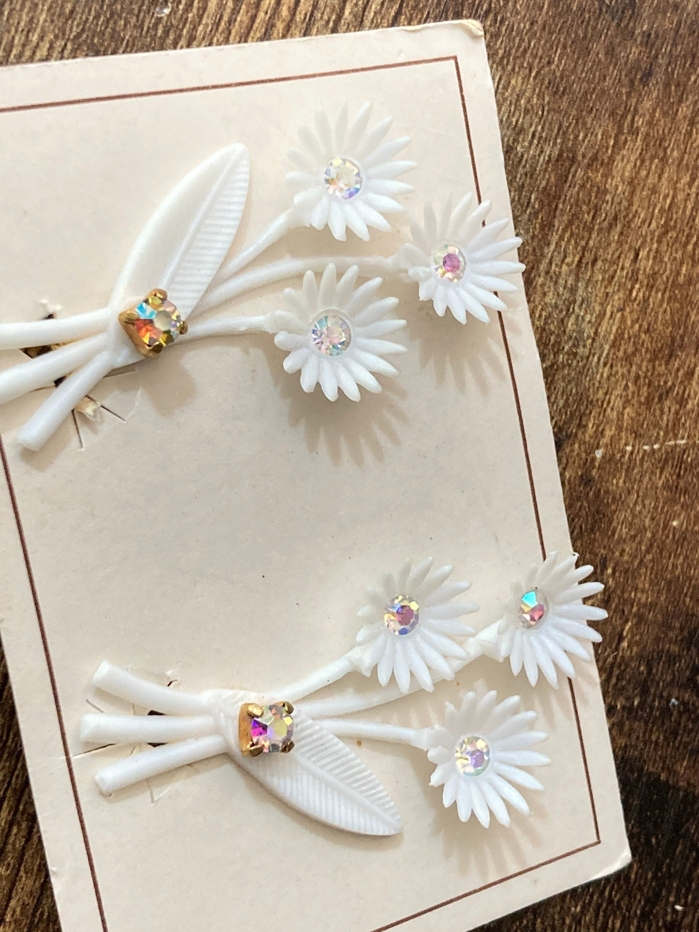 white plastic floral bouquet clip on earrings with diamante AB paste stones Vintage