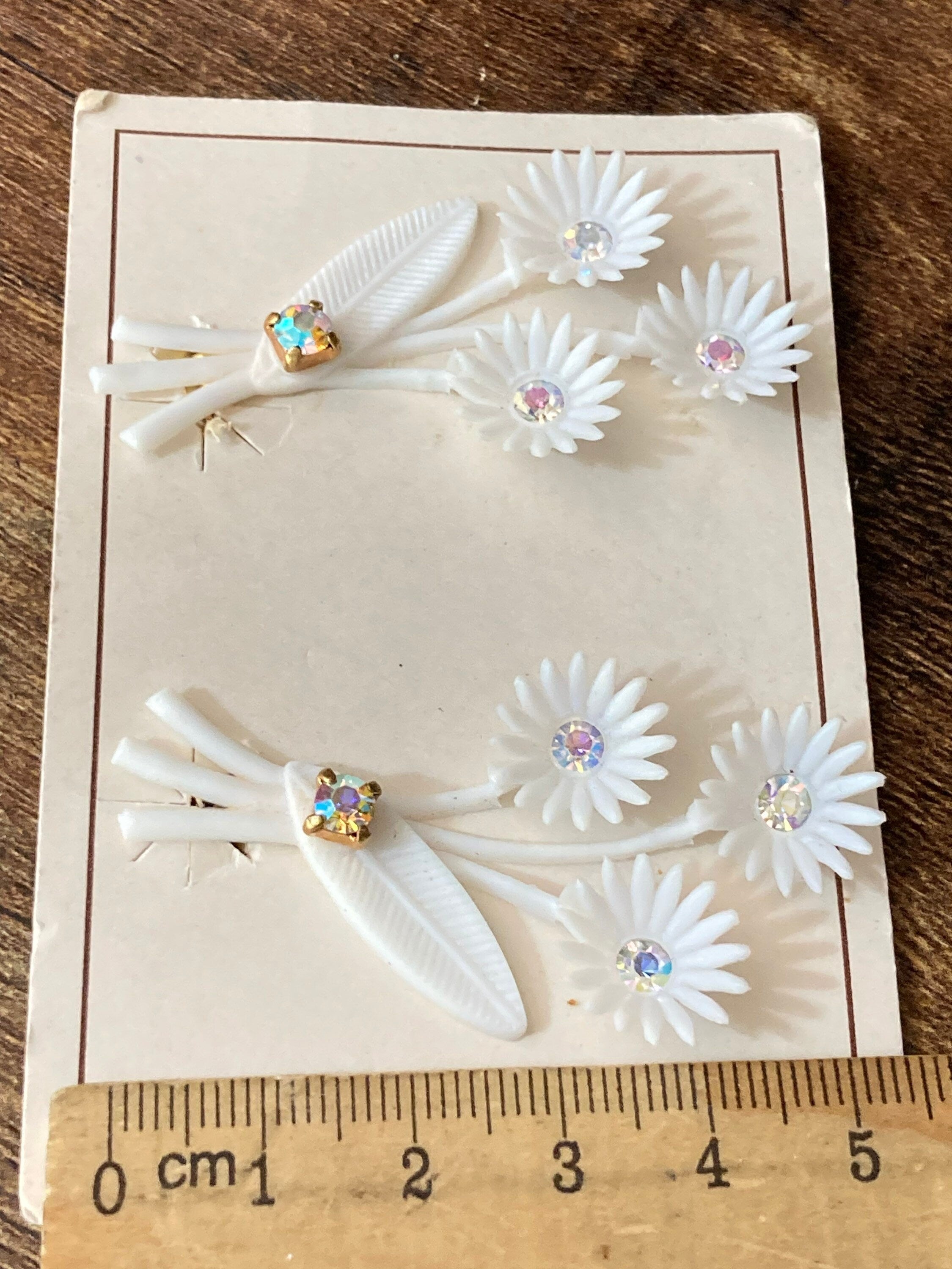 white plastic floral bouquet clip on earrings with diamante AB paste stones Vintage