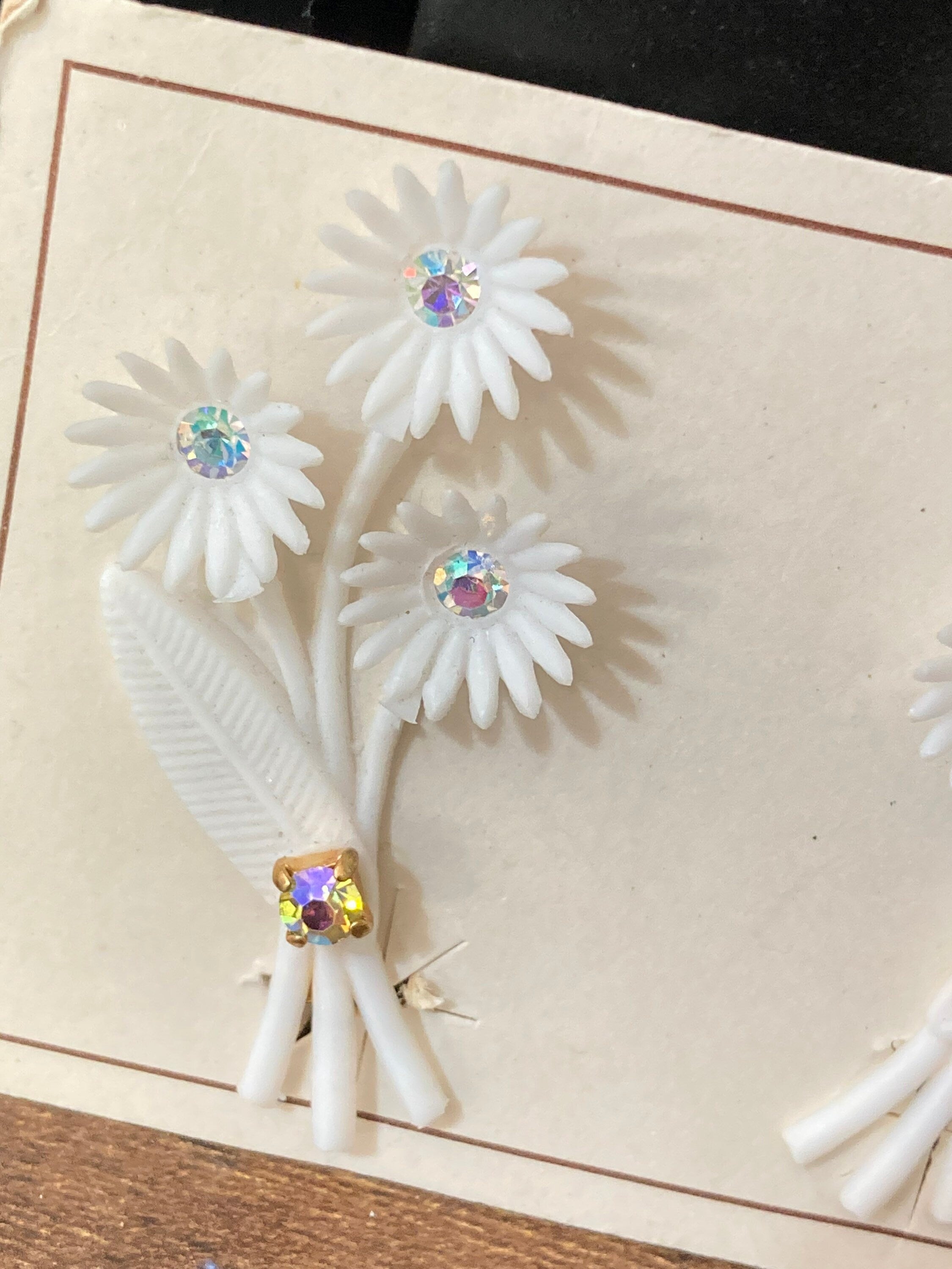 white plastic floral bouquet clip on earrings with diamante AB paste stones Vintage