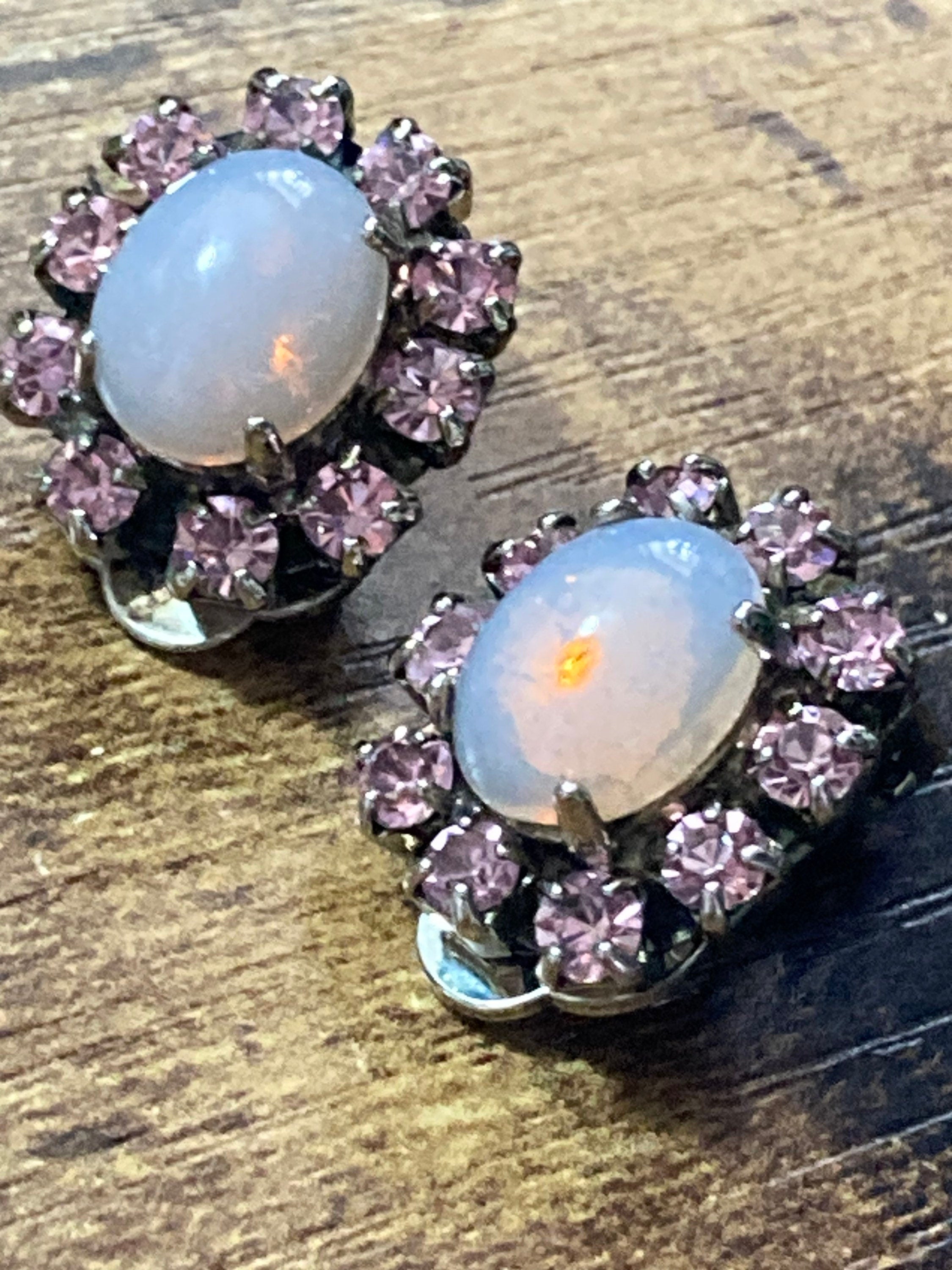 Daniel pollak pink diamanté ops line clip of earrings silver tone