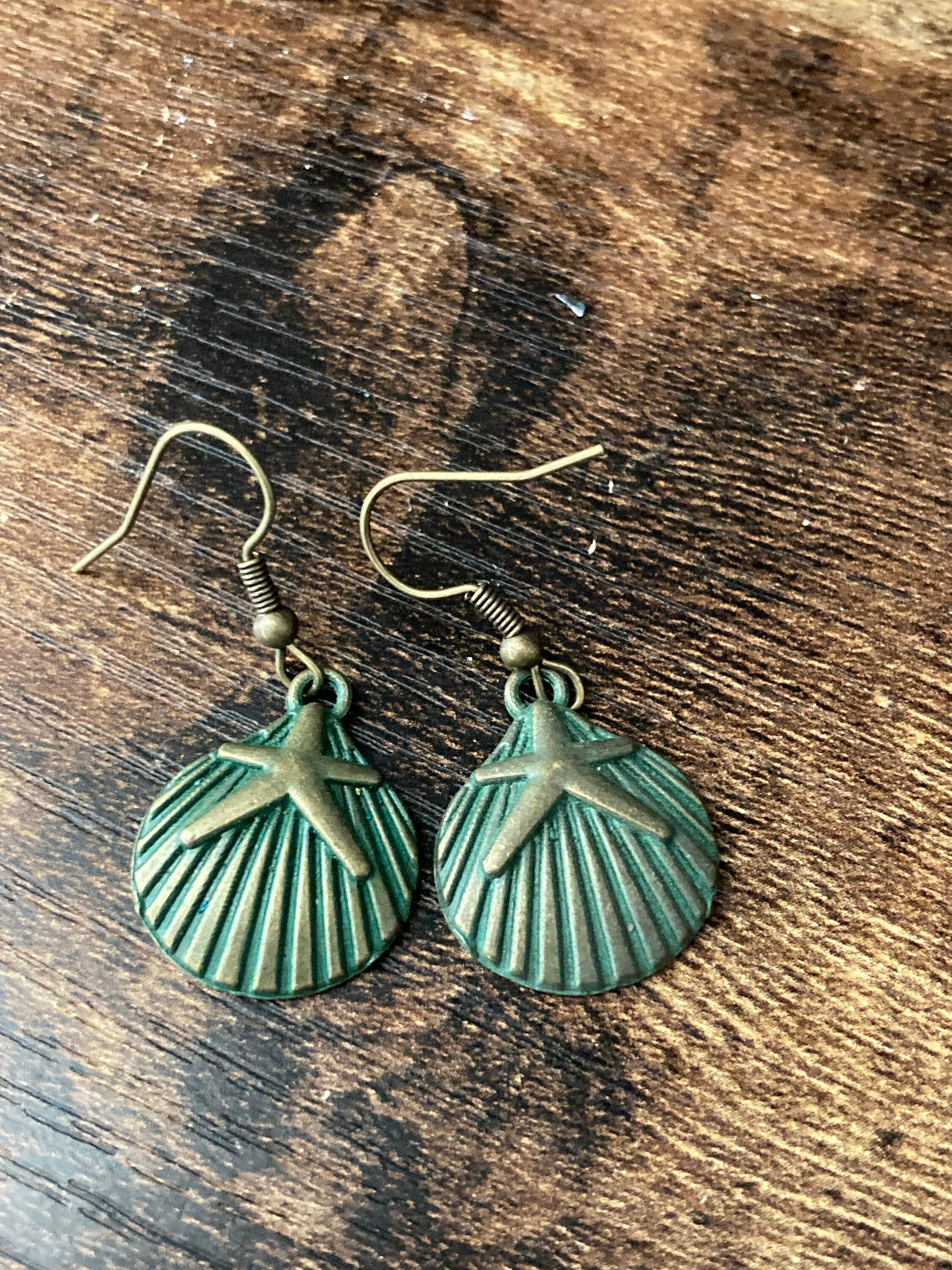 Bronze green scallop shell starfish earrings antique gold verdigris tone pierced