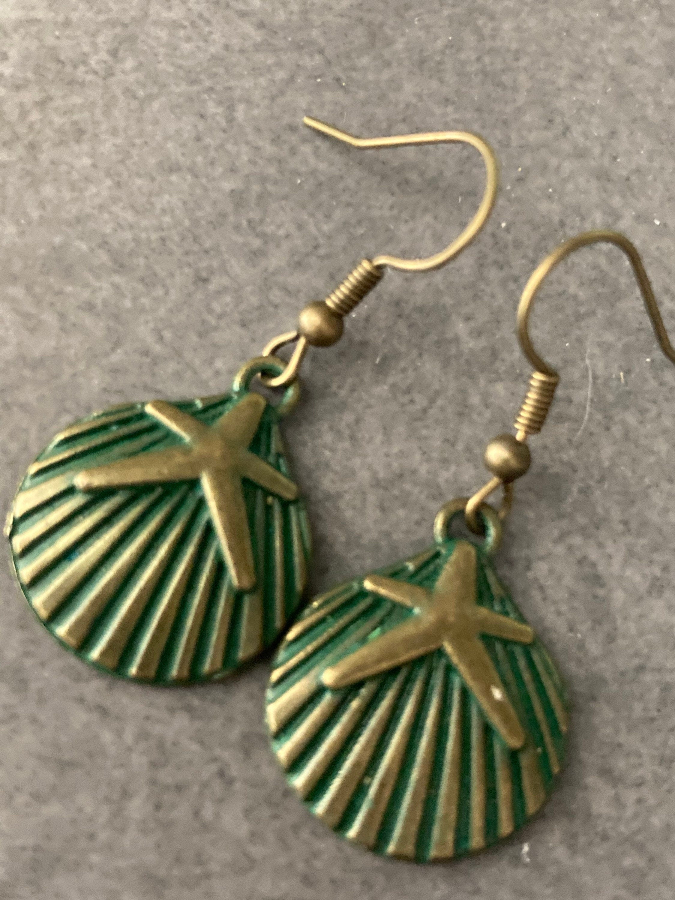 Bronze green scallop shell starfish earrings antique gold verdigris tone pierced