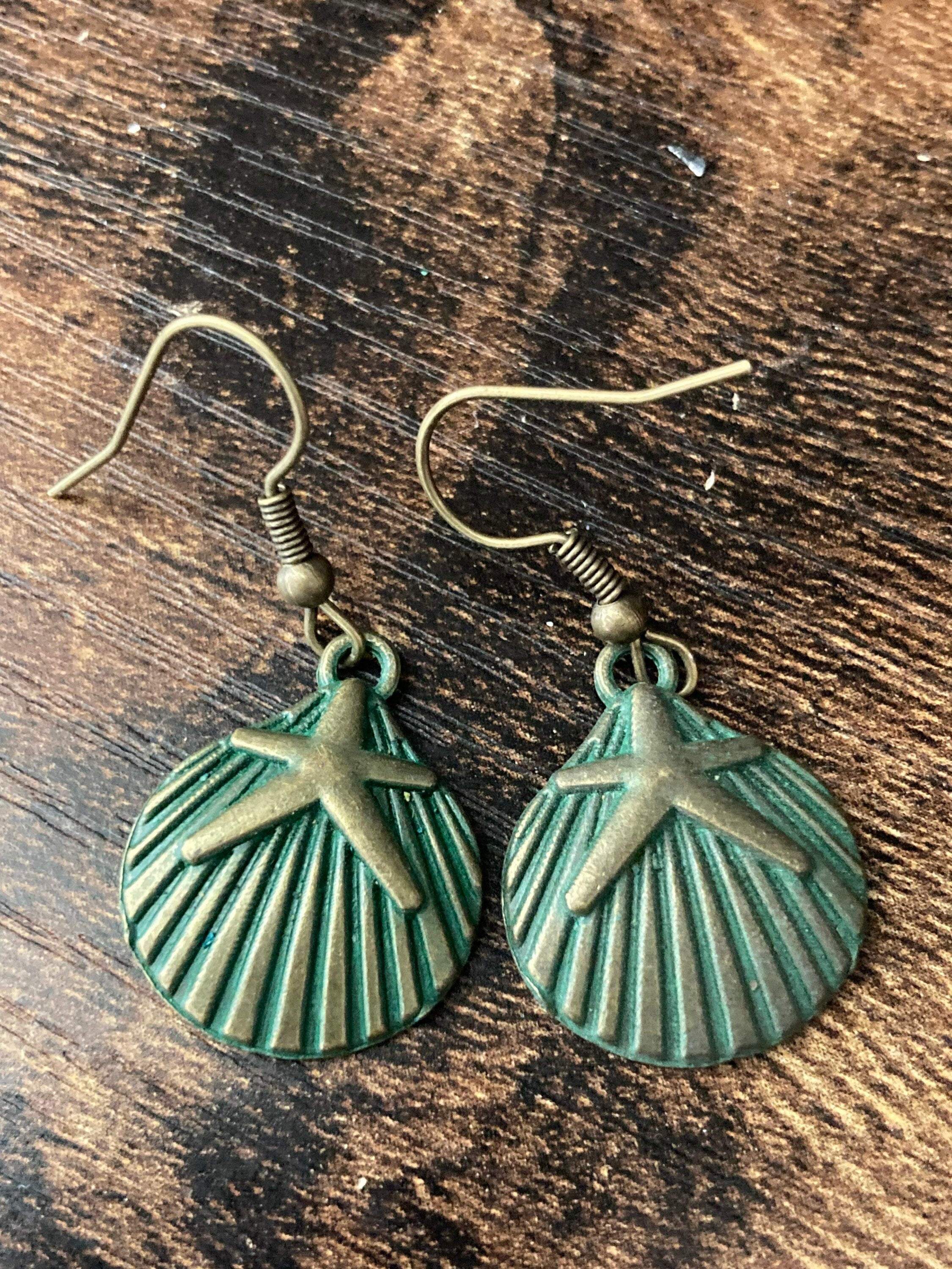 Bronze green scallop shell starfish earrings antique gold verdigris tone pierced
