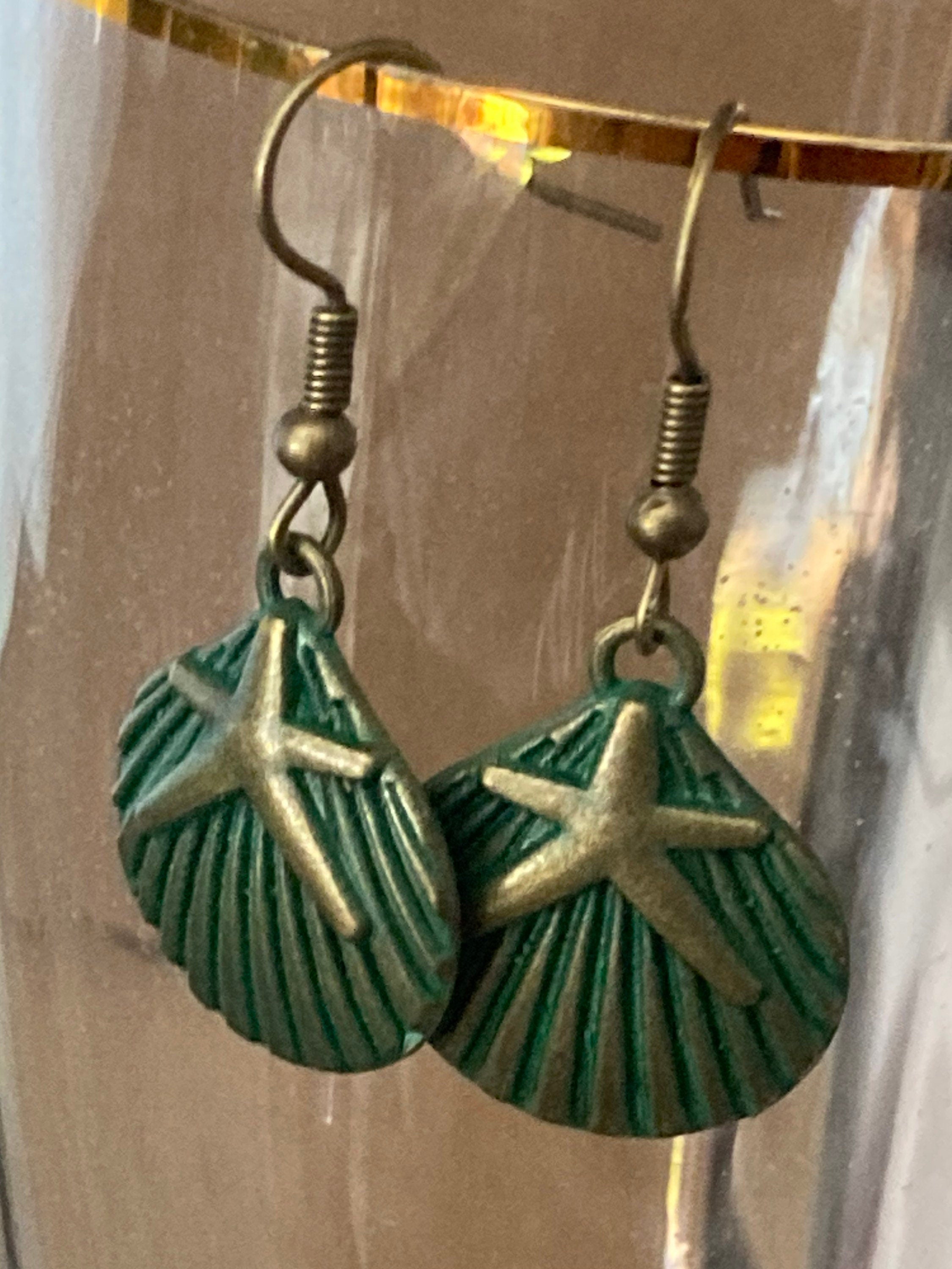 Bronze green scallop shell starfish earrings antique gold verdigris tone pierced