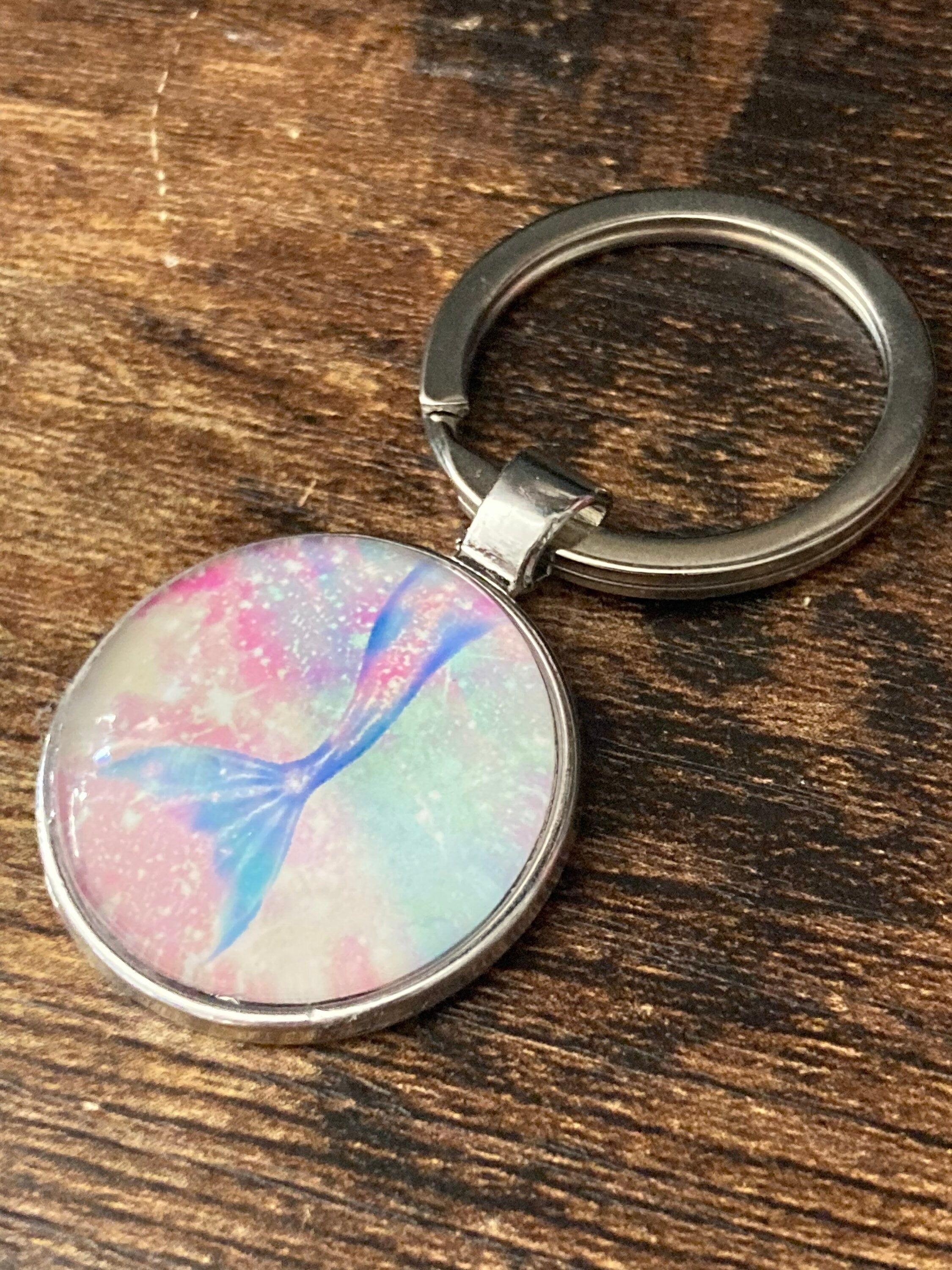 nautical mermaid tail silver keyring pink purple glass cabochon