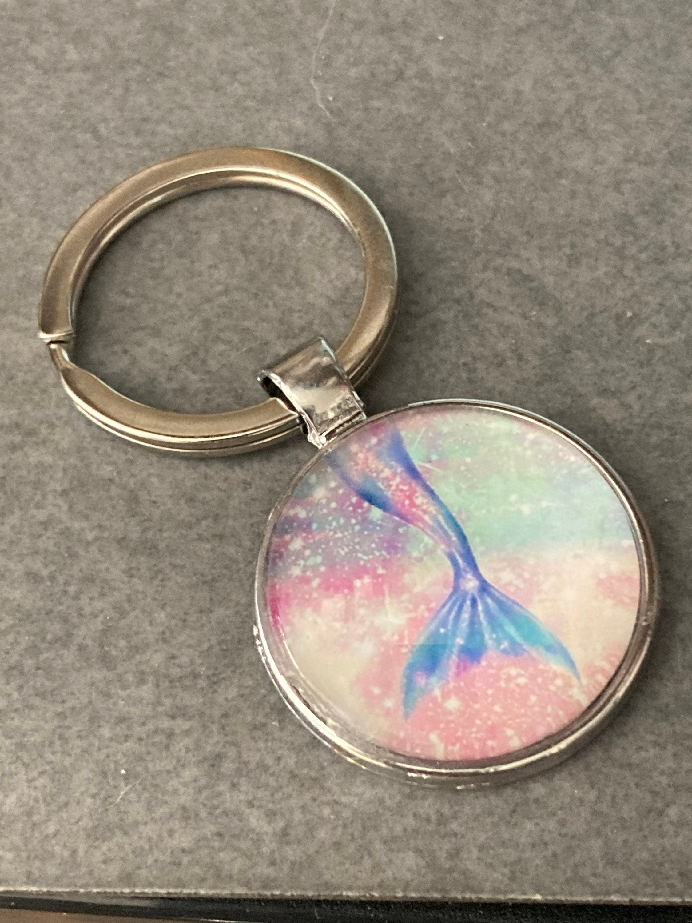 nautical mermaid tail silver keyring pink purple glass cabochon