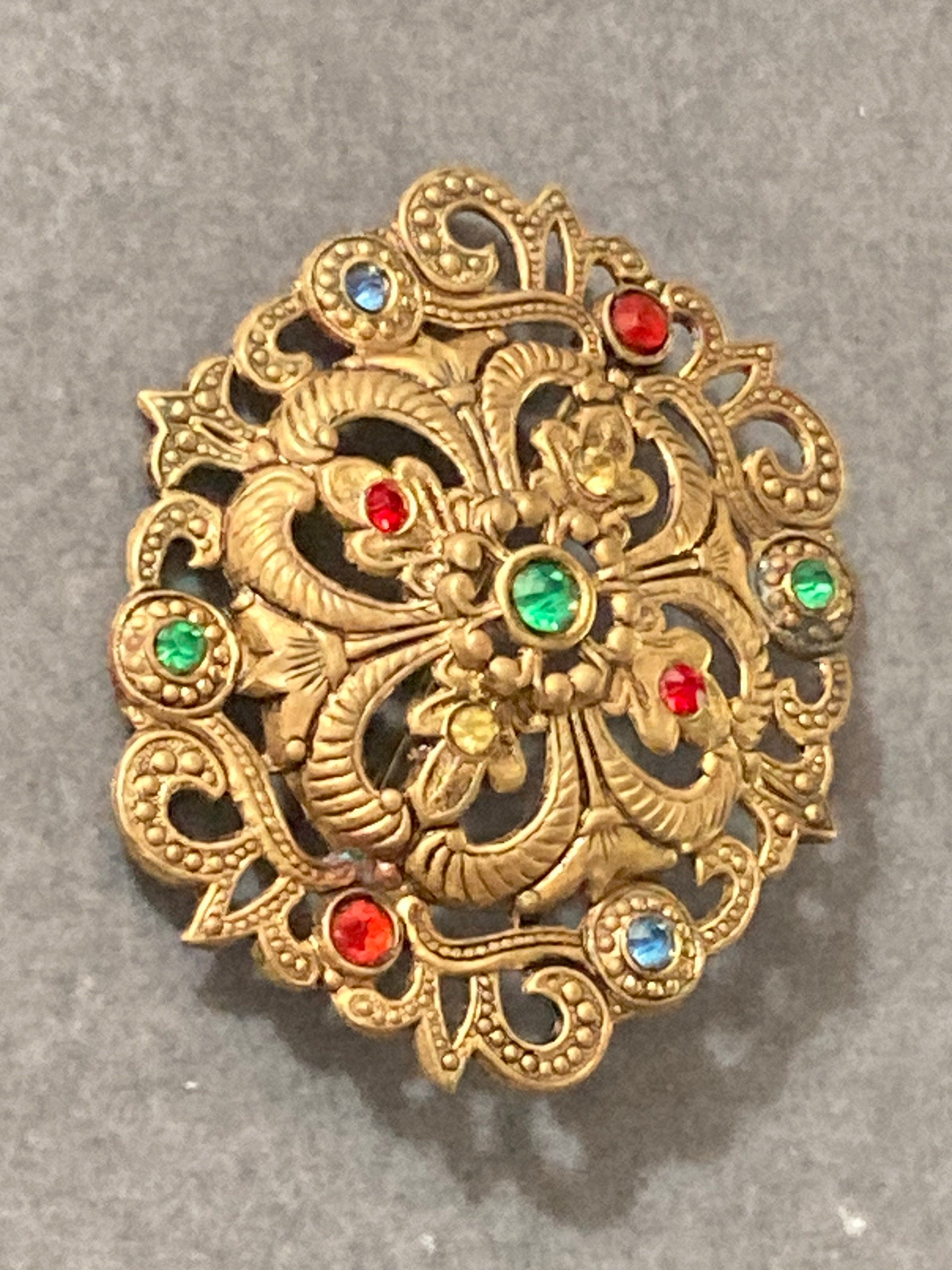 Art Deco Czech brass filigree brooch turquoise blue green paste stones
