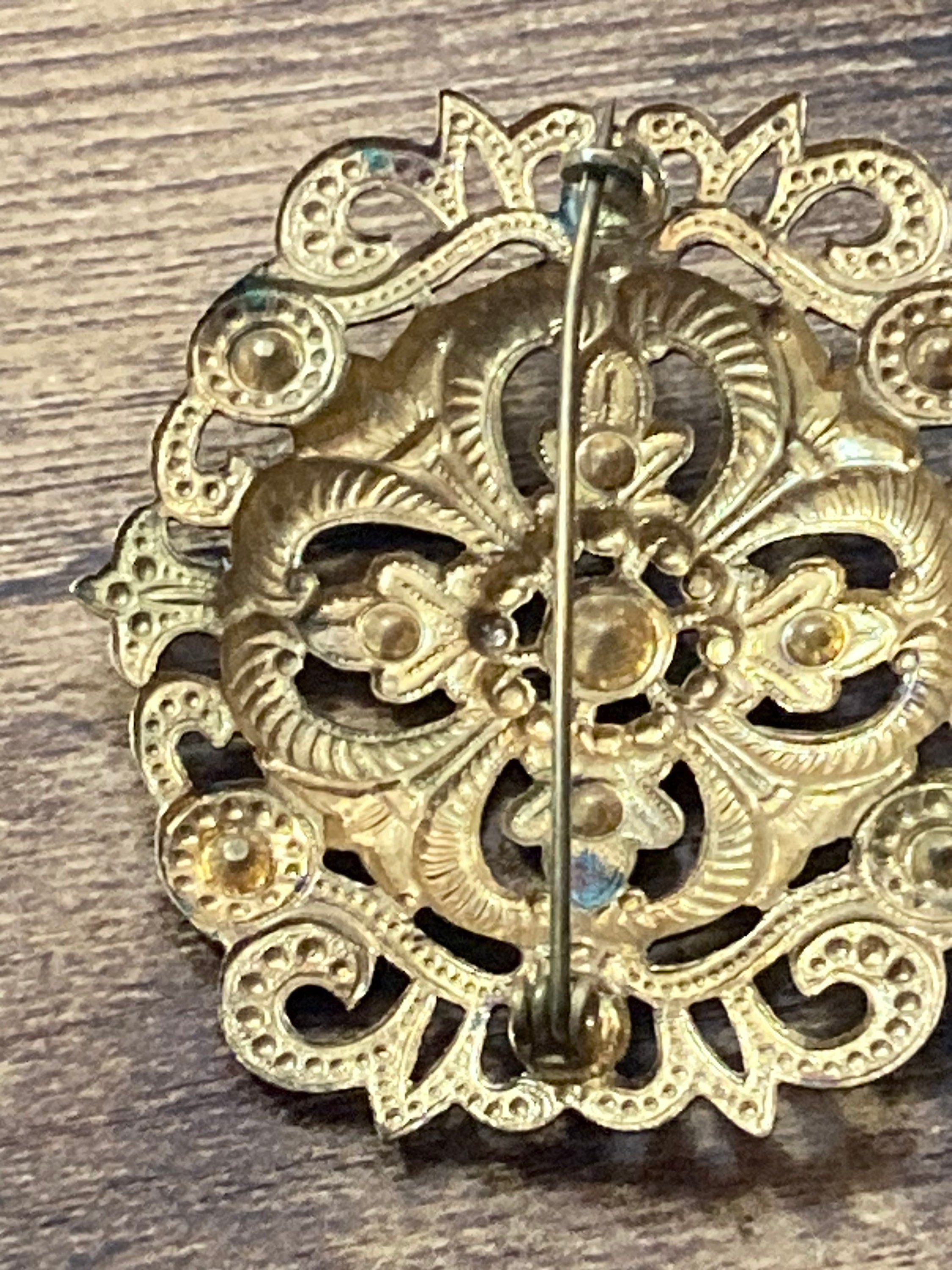 Art Deco Czech brass filigree brooch turquoise blue green paste stones