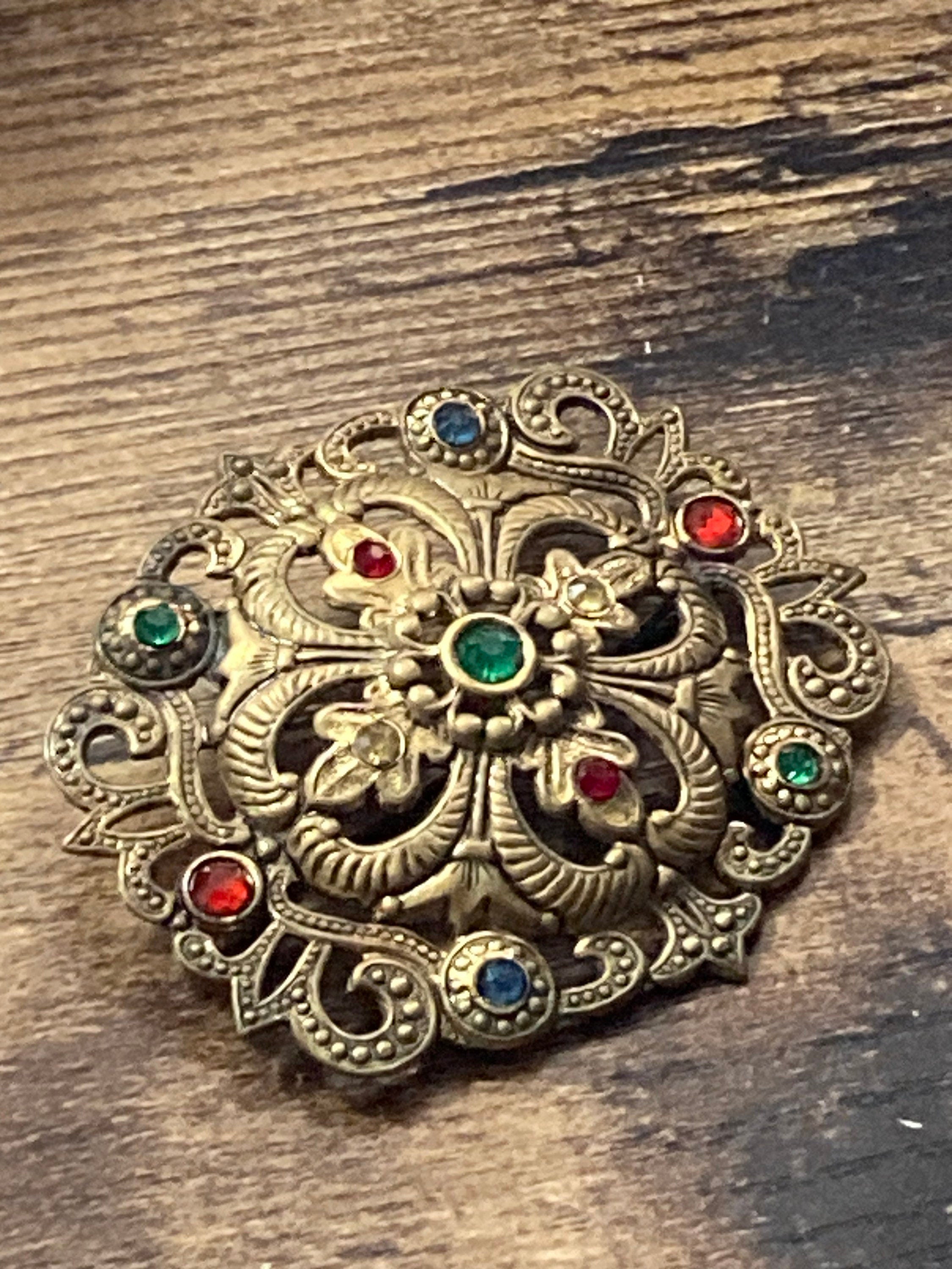 Art Deco Czech brass filigree brooch turquoise blue green paste stones