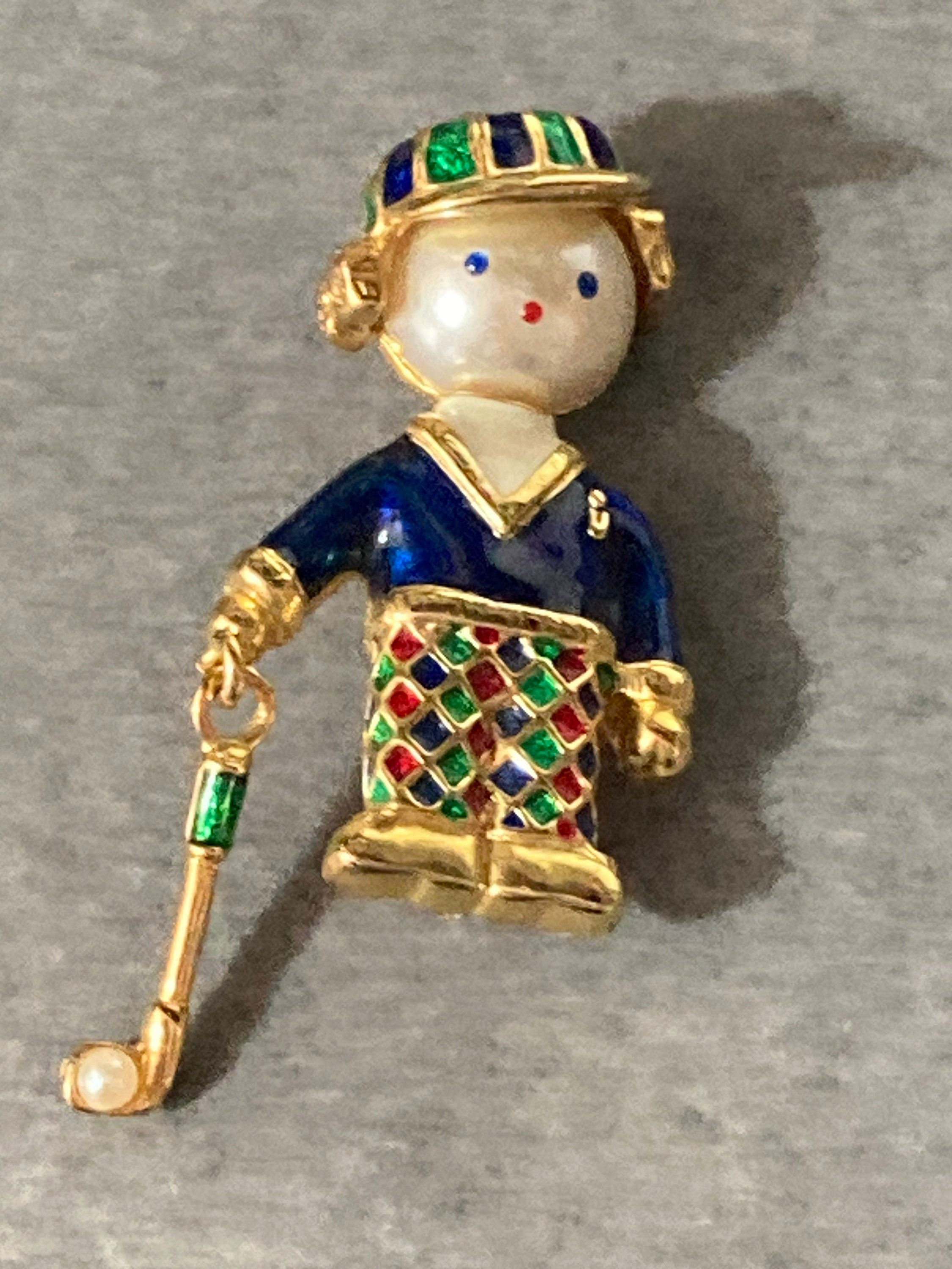 Vintage golfer brooch blue green enamel faux pearl articulated golf club