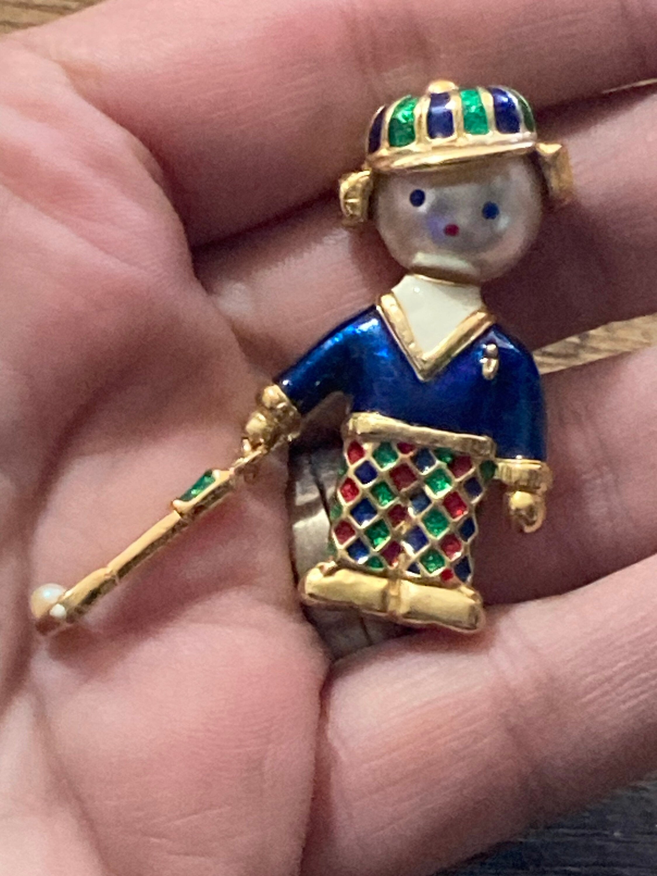 Vintage golfer brooch blue green enamel faux pearl articulated golf club