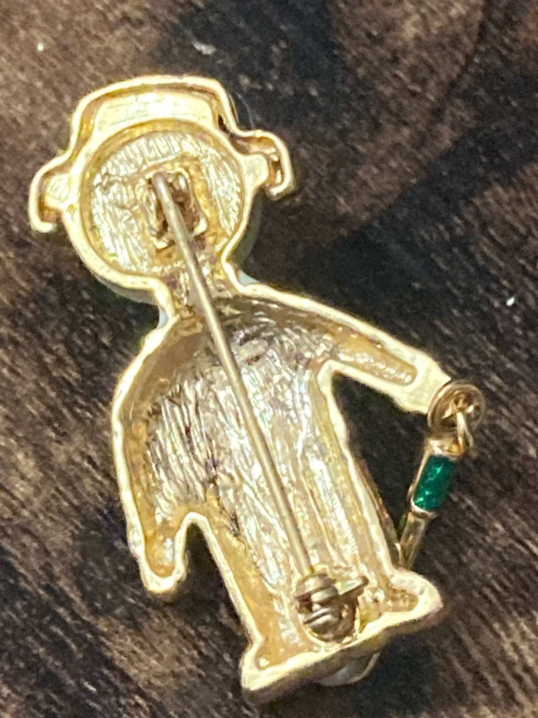 Vintage golfer brooch blue green enamel faux pearl articulated golf club