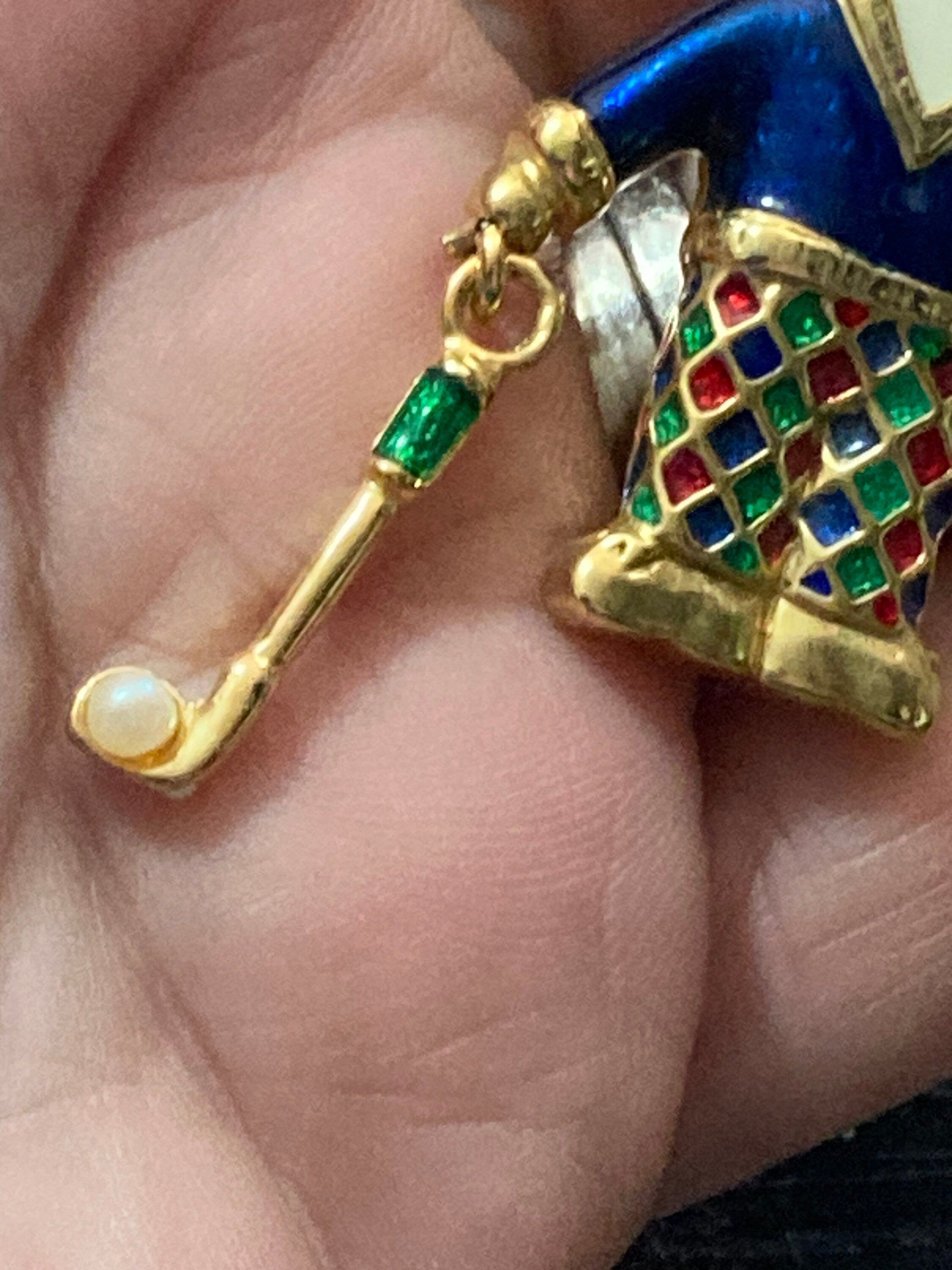 Vintage golfer brooch blue green enamel faux pearl articulated golf club