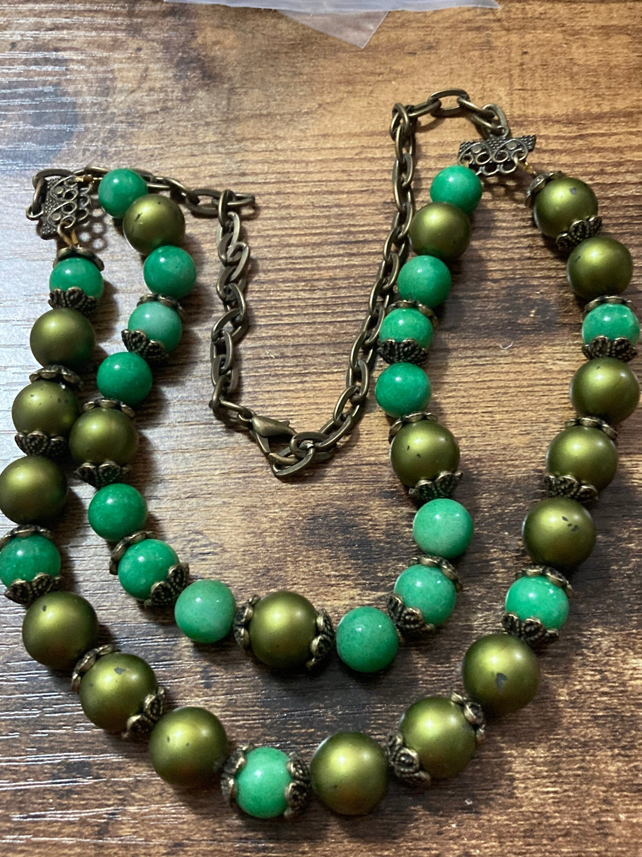 Faux Peking glass green pearl glass beaded multi strand necklace