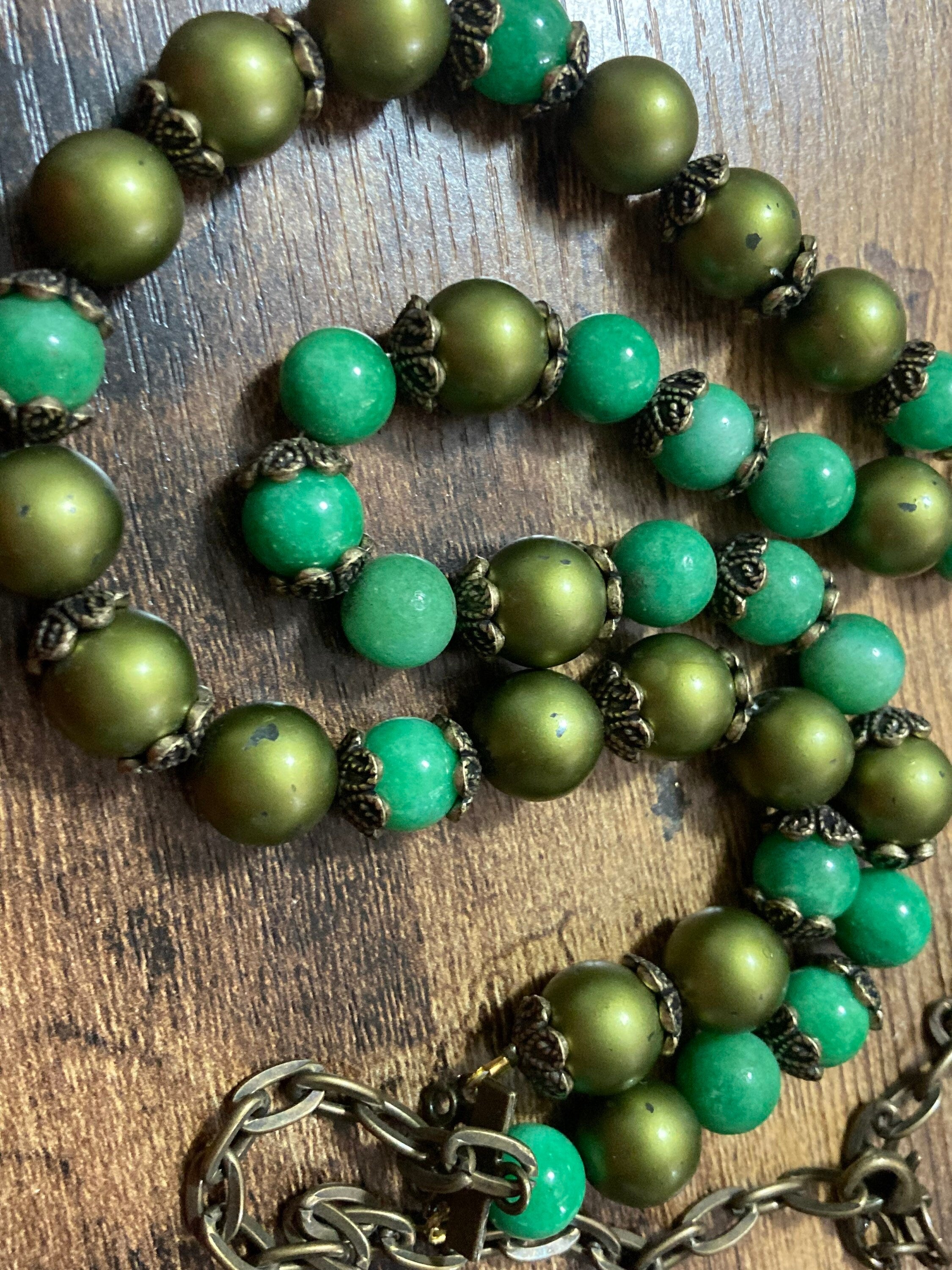 Faux Peking glass green pearl glass beaded multi strand necklace