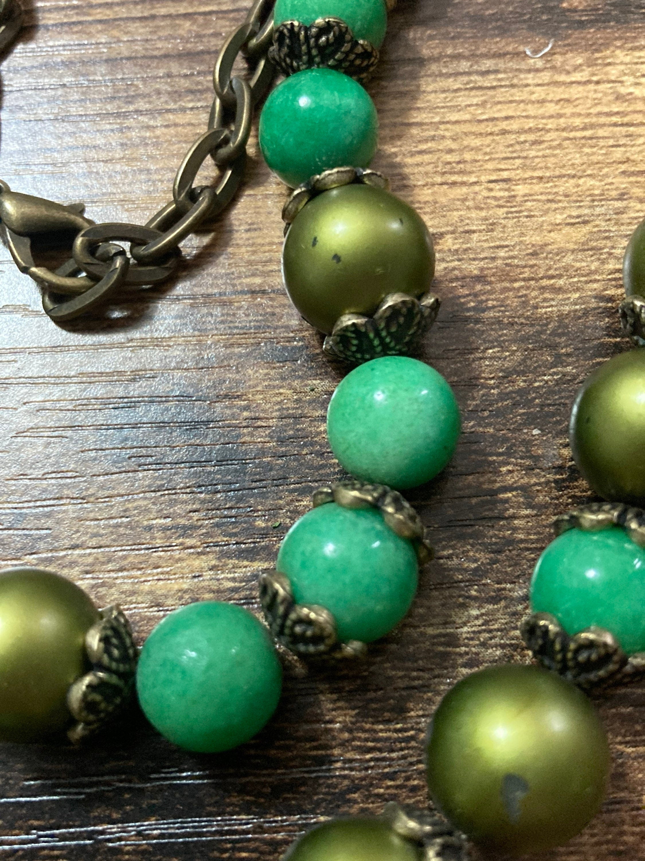 Faux Peking glass green pearl glass beaded multi strand necklace